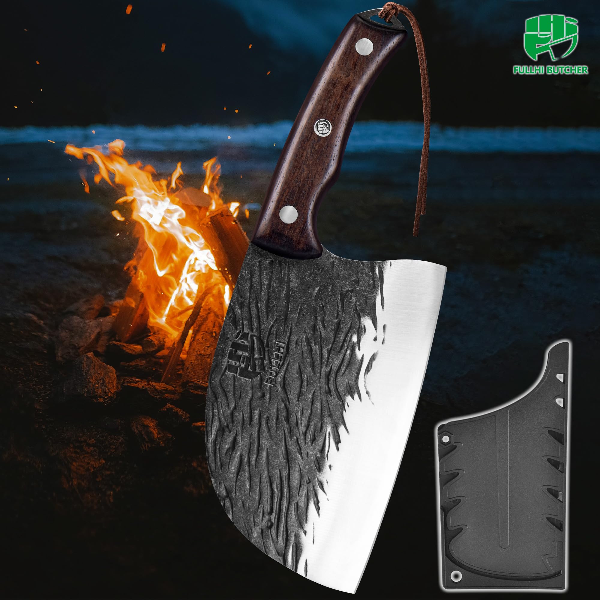 FULLHI Coltello da macellaio con fodero, coltello da cuoco serbo Tang, coltello da verdure con mannaia in acciaio al carbonio per esterno, campeggio