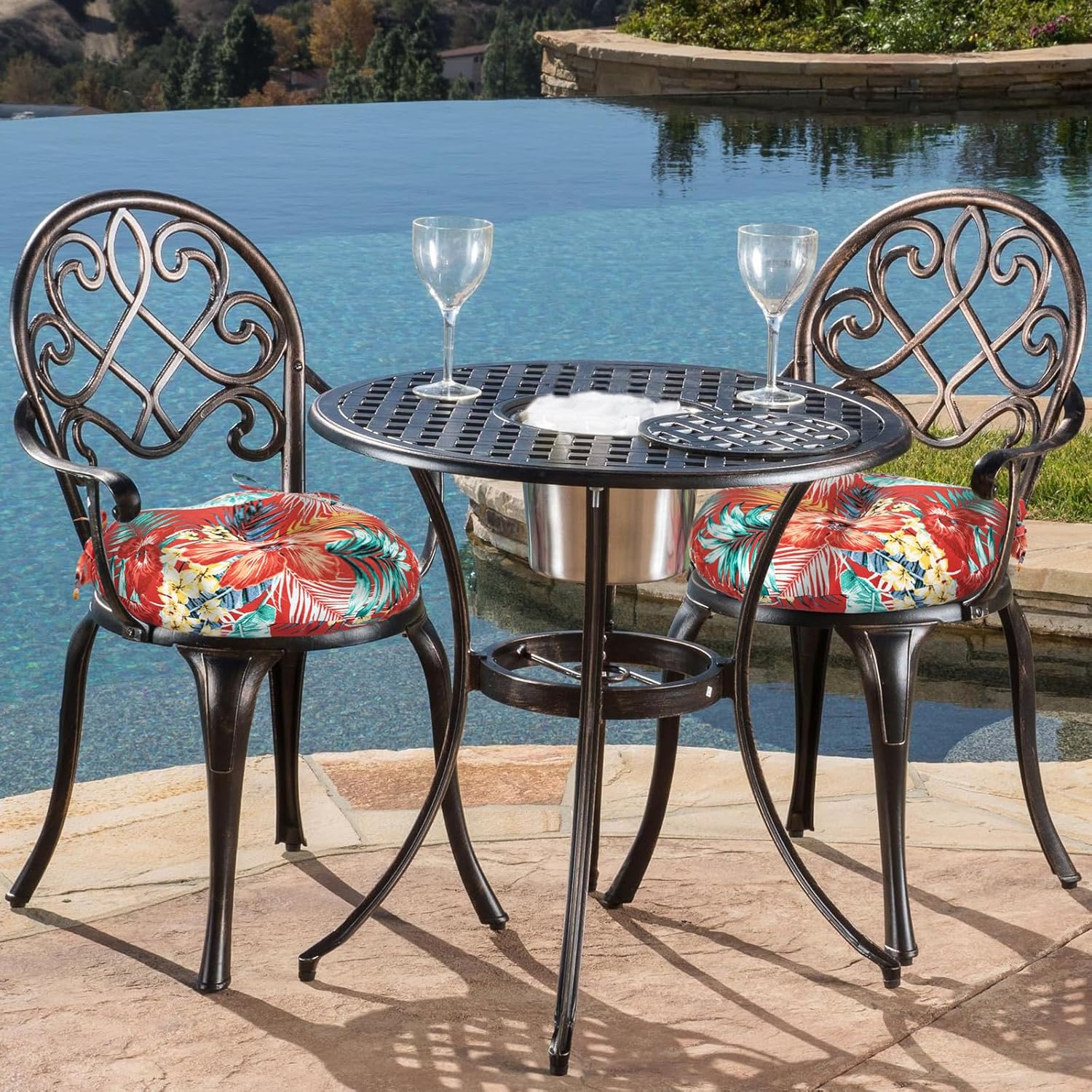 Outdoor Bistro Chair Cushion Set of 2, Waterproof Tufted Round Seat Cushion with Ties, 15"x15"x4" Patio Furniture Chair Pads for Home Garden Balcony Office-Chili Red Floral