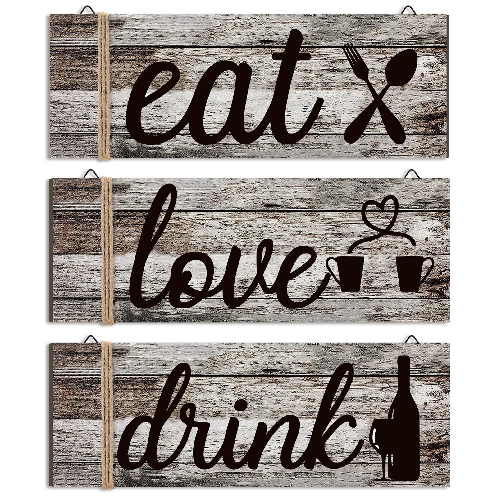 Jetec 3 Pcs Farmhouse Kitchen Wall Decor Rustic Wooden Home Eat Drink Love Sign with Hanging Hole for Home Dining Living Room Bar Cafe Decor(Classic Color)