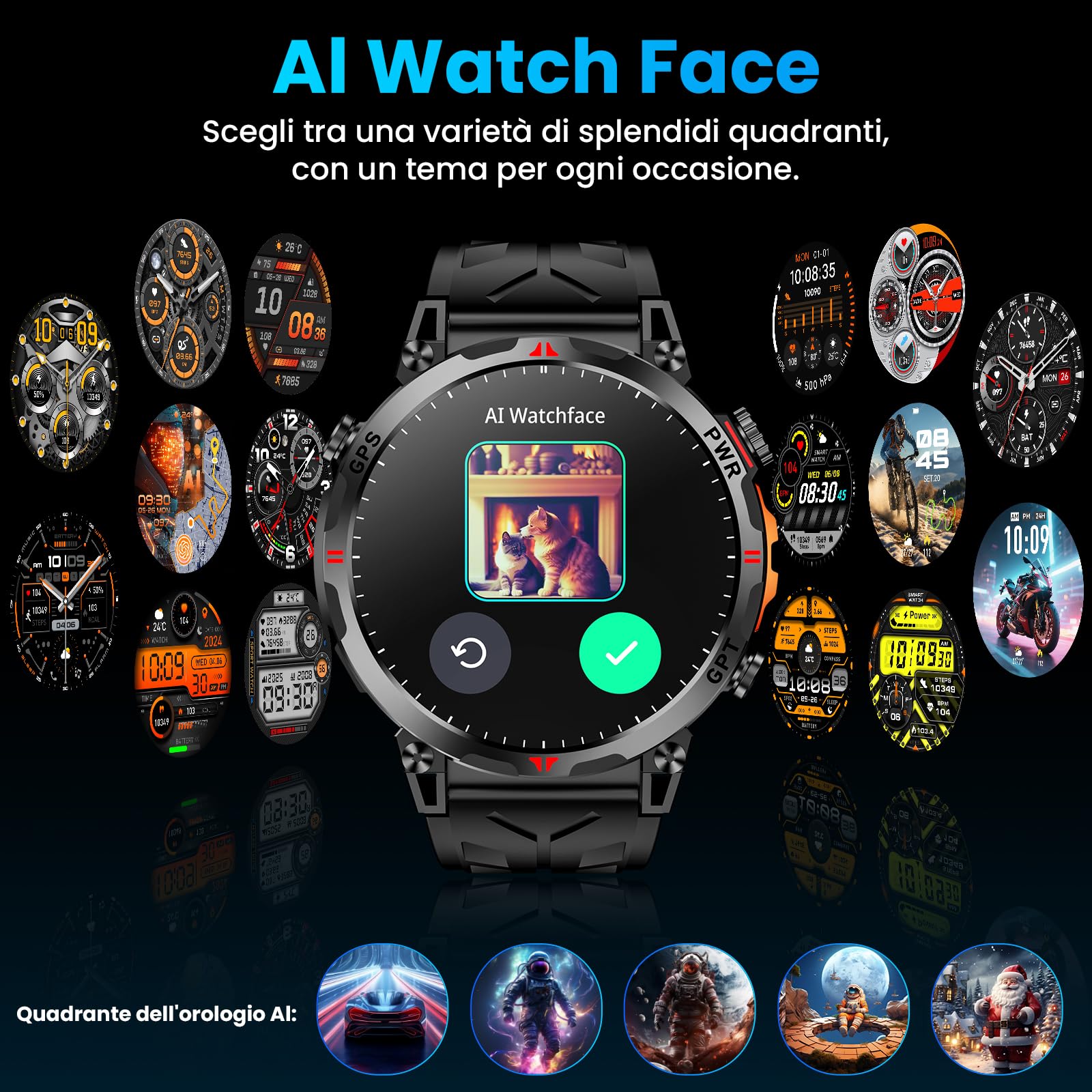 Orologio intelligente militare con GPS, orologio intelligente con assistente vocale GPT/LED Flashlight Compass,a schermo AMOLED da 1,56" Per uomini, compatibile con Android e iOS (Nero)