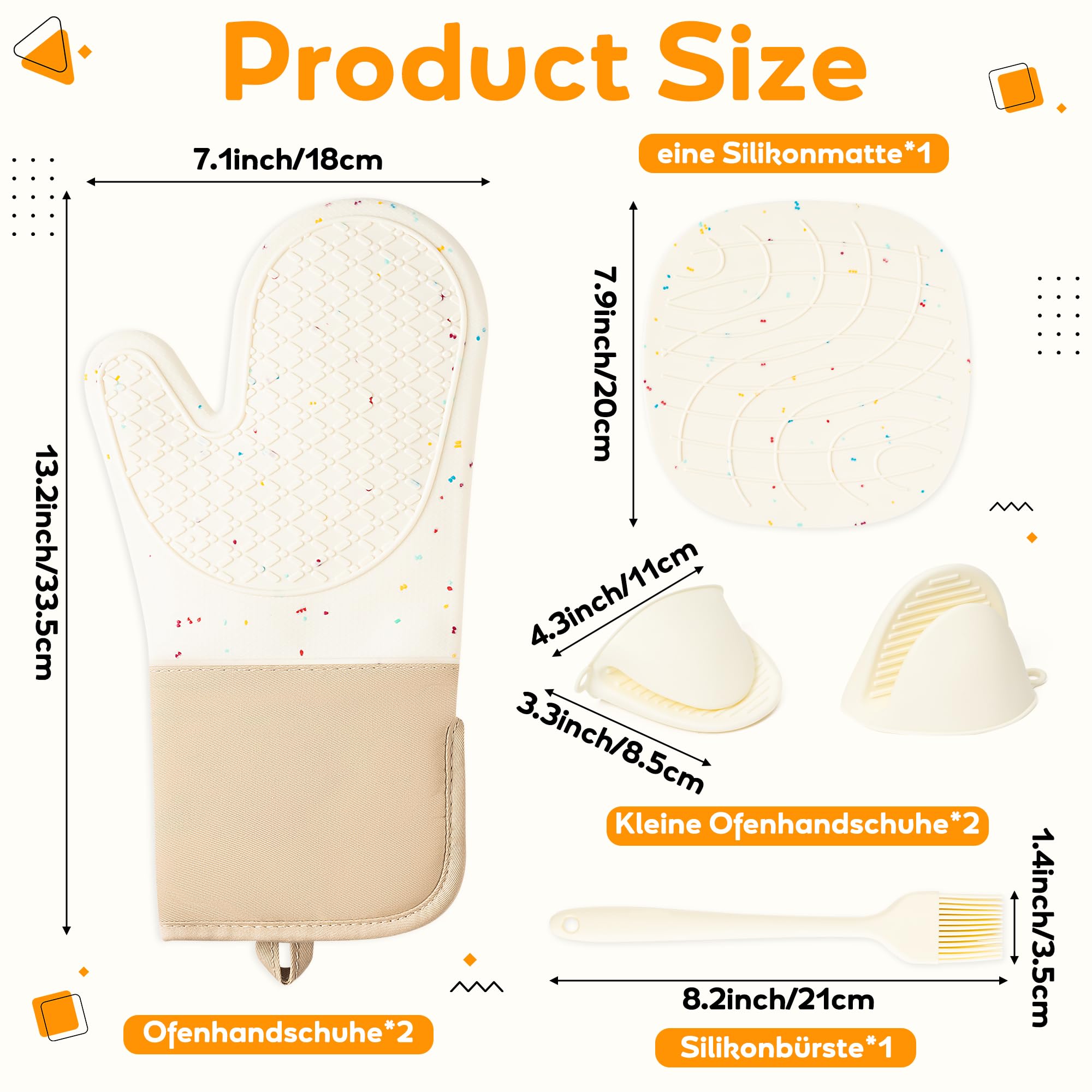 Ofenhandschuhe Topflappen Topfhandschuhe Set 6-teilig – hitzebeständig, aus Silikon & Baumwolle, rutschfest, mit Silikonpinsel und Untersetzer für Backen, Kochen und Grillen, Weiß