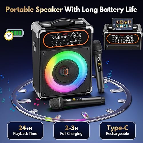 Miniatura 3 de Máquina de karaoke con 2 micrófonos, altavoz de karaoke portátil Bluetooth 5.3 para eventos al aire libre, reuniones y fiestas, sistema PA con