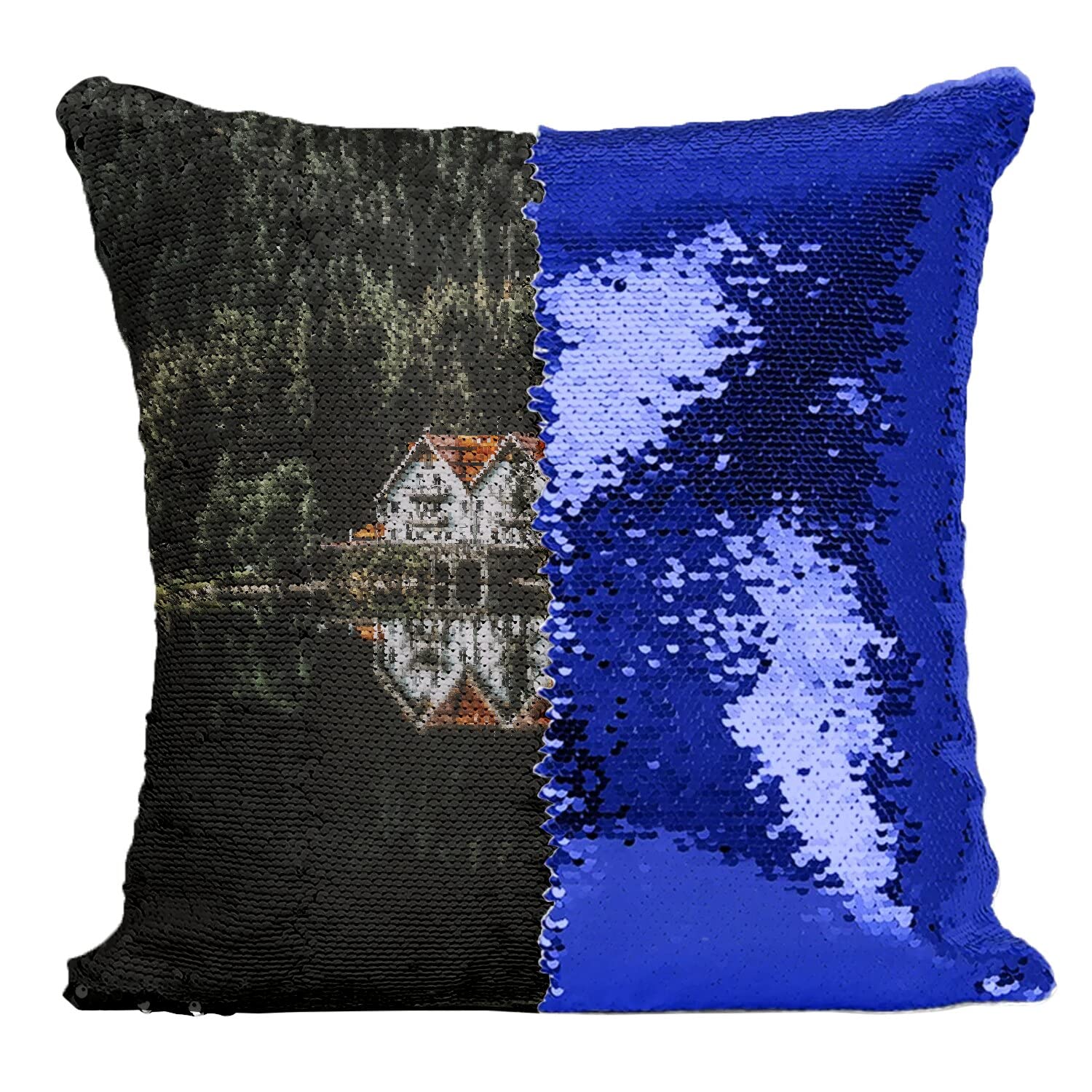 Coussin bleu à sequins réversibles forêt et lac 40x40cm