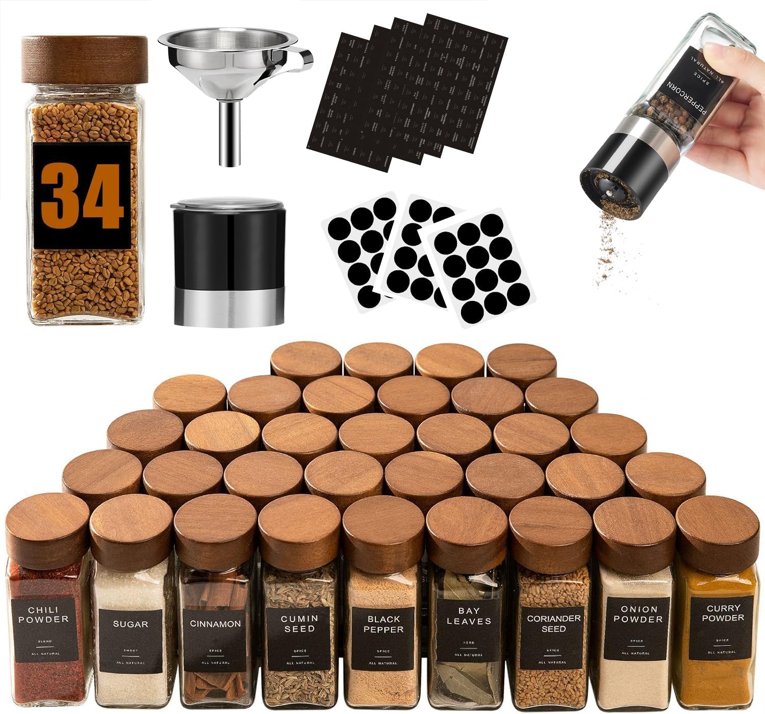Yangbaga Glass Spice Jars with Labels: 34pc 4oz Square Seasoning Storage Containers with Airtight Wood lid,Pepper Grinder,Funnel; Empty Spice Organizer Bottles for Kitchen Rack Drawer Cabinet