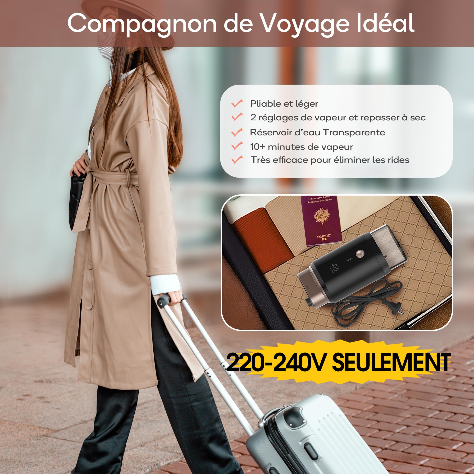 Defroisseur Vapeur Vertical,Pliable fer à Repasser de Voyage Léger et Portable,2in1 Fer à Repasser & Vapeur Convient à Tous les Tissuspour,Steamer 360°Étanche,220-240V defroisseur vapeur voyage,180ml
