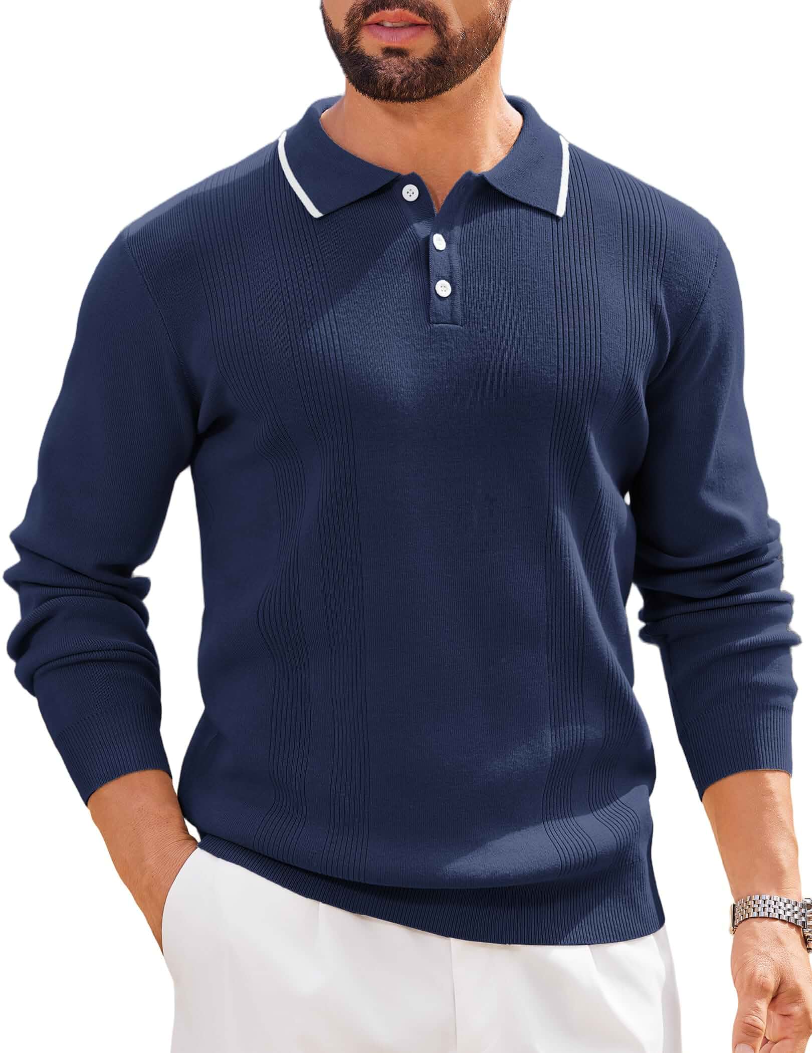 COOFANDY Mens Knit Polo Sweaters Long Sleeve Vintage Polos Casual Dress Pullover Old Money Tops Contrast Color