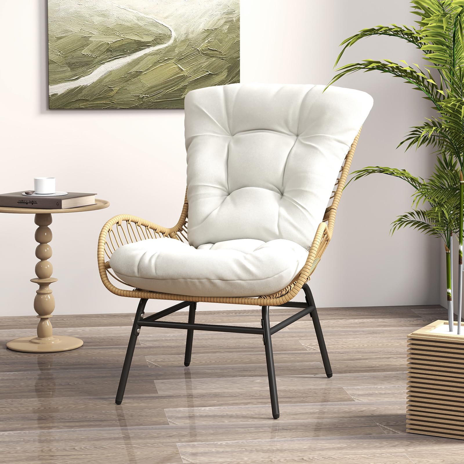 COSTWAY Sillon de Ratan con Cojin, Marco Metálico, Sillones para el Salón, Butaca Dormitorio Jardin Terraza Interior Exterior, 84 x 68 x 87 cm, Carga 180kg, Natural (1)