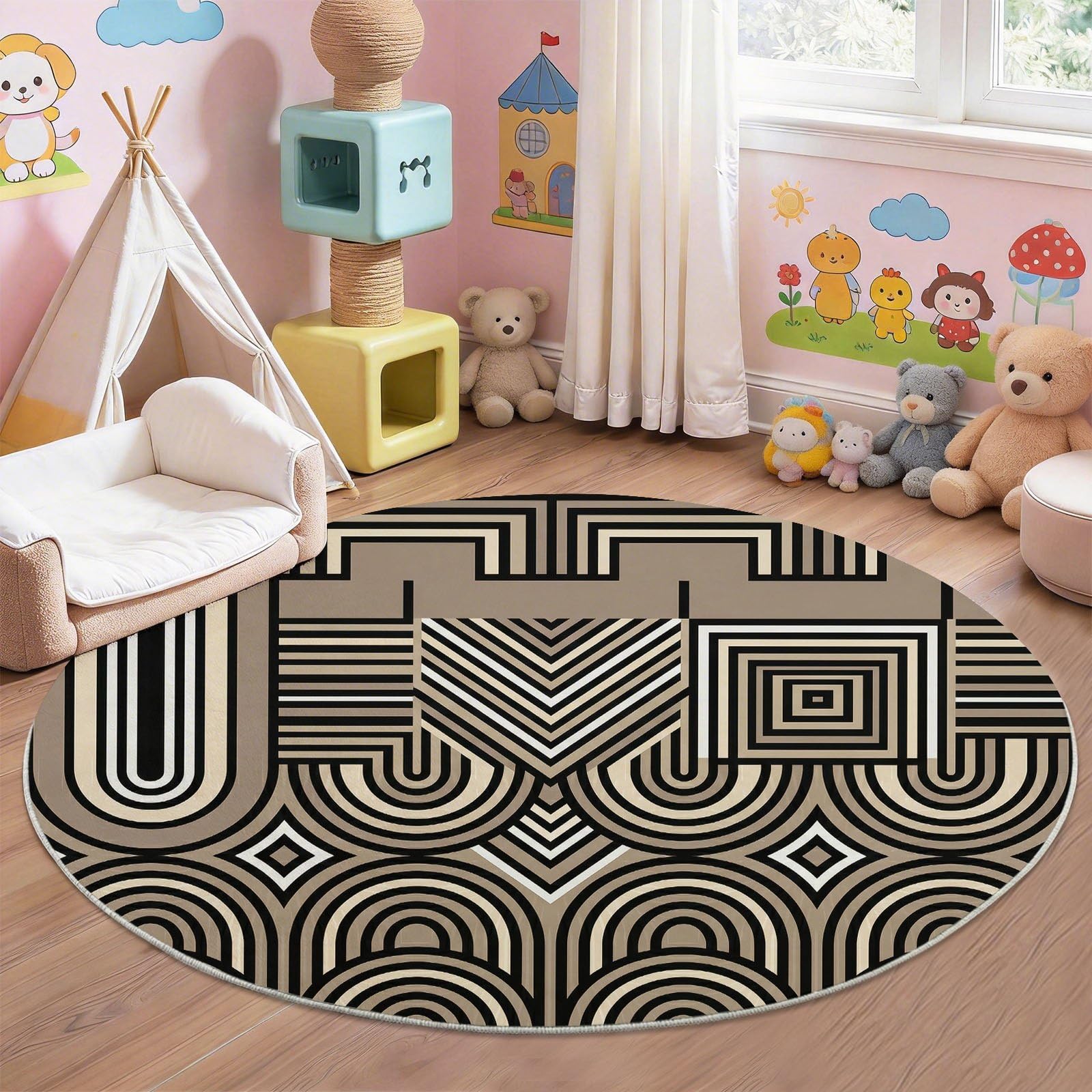 Tappeto rotondo, 160 cm, lavabile, motivo geometrico astratto, strisce a rombi, per camera da letto, a pelo corto, antiscivolo, per sala da pranzo e cameretta dei bambini, marrone