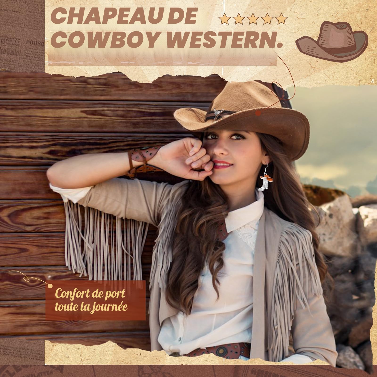 5 Pièces Set de Déguisement Cowboy Western pour Femme, Kit Accessoires de Cowgirl avec Chapeau Collier Boucles d'oreilles Ceinture Bandana pour Halloween Masqué Cosplay Fêtes