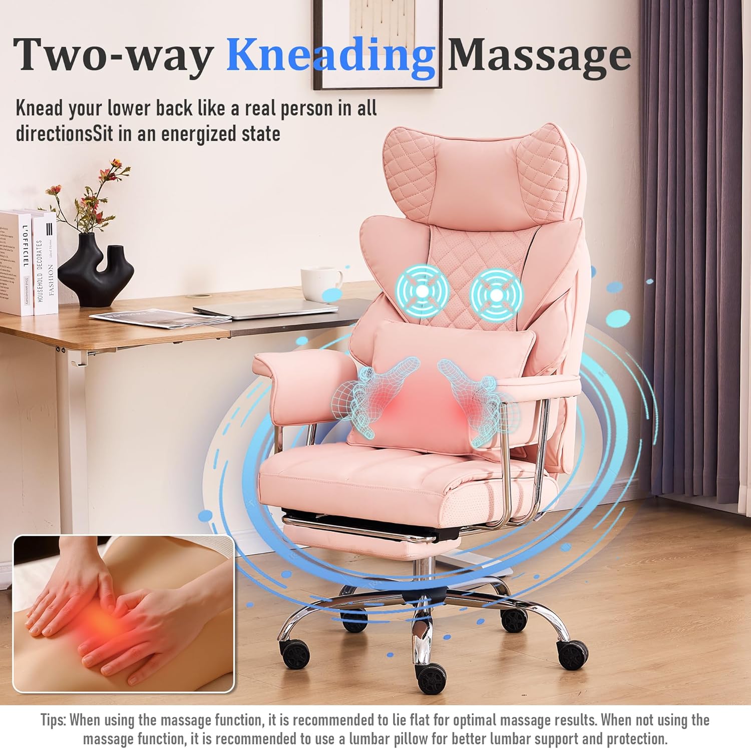 DYHOME 500 Lbs Kneading Massage Office Chair with Foot Rest, Ergonomic Reclining Home Computer Chair, High Back Thick Cushion Big & Tall Office Chair, Comfy Leather Heavy Duty Executive Chair, Pink
