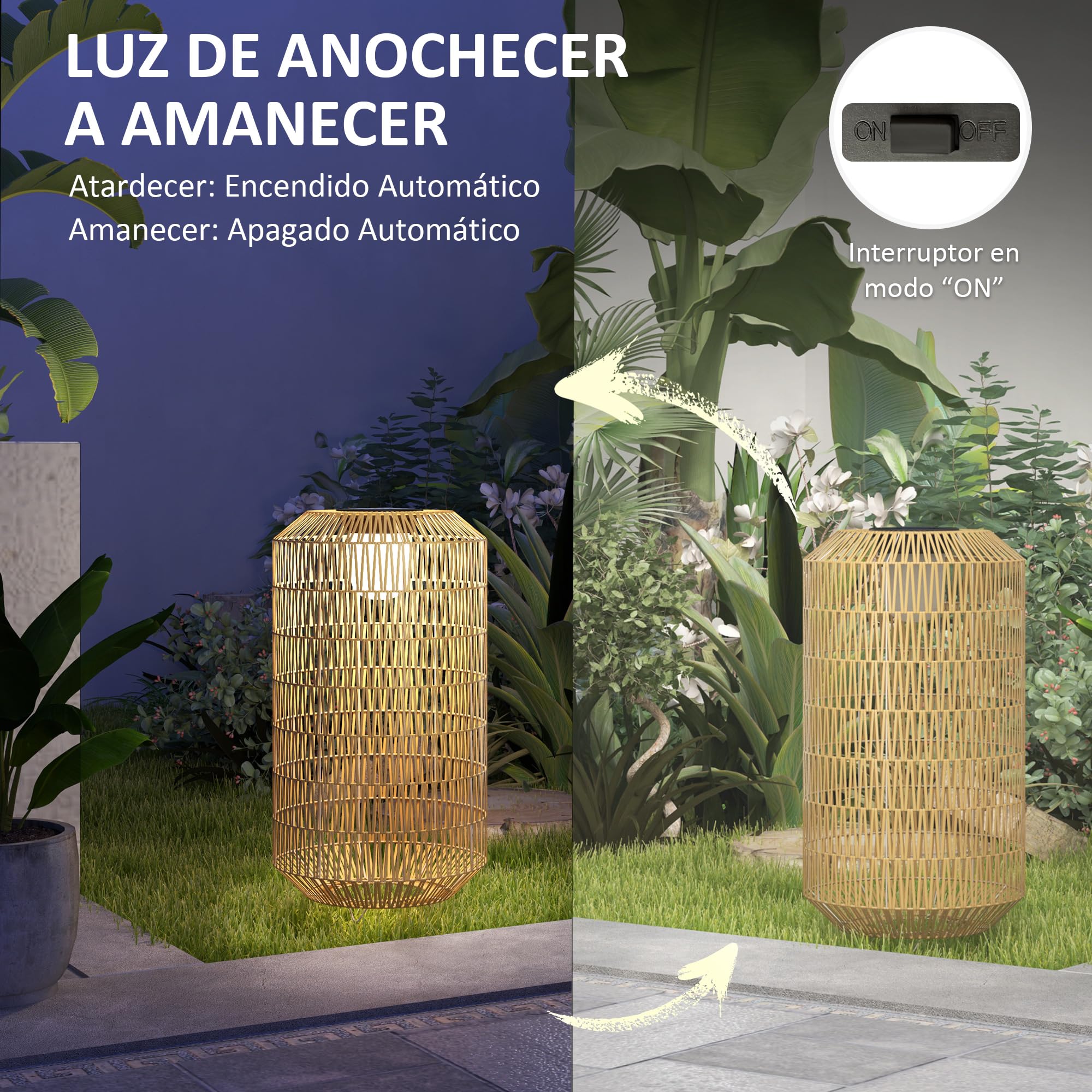 Outsunny Linterna de Jardín de Ratán Sintético Farola Solar con Luces LED Encendido y Apagado Automático Impermeable Estilo Bohemio para Patio Terraza Balcón Ø30x55 cm Natural