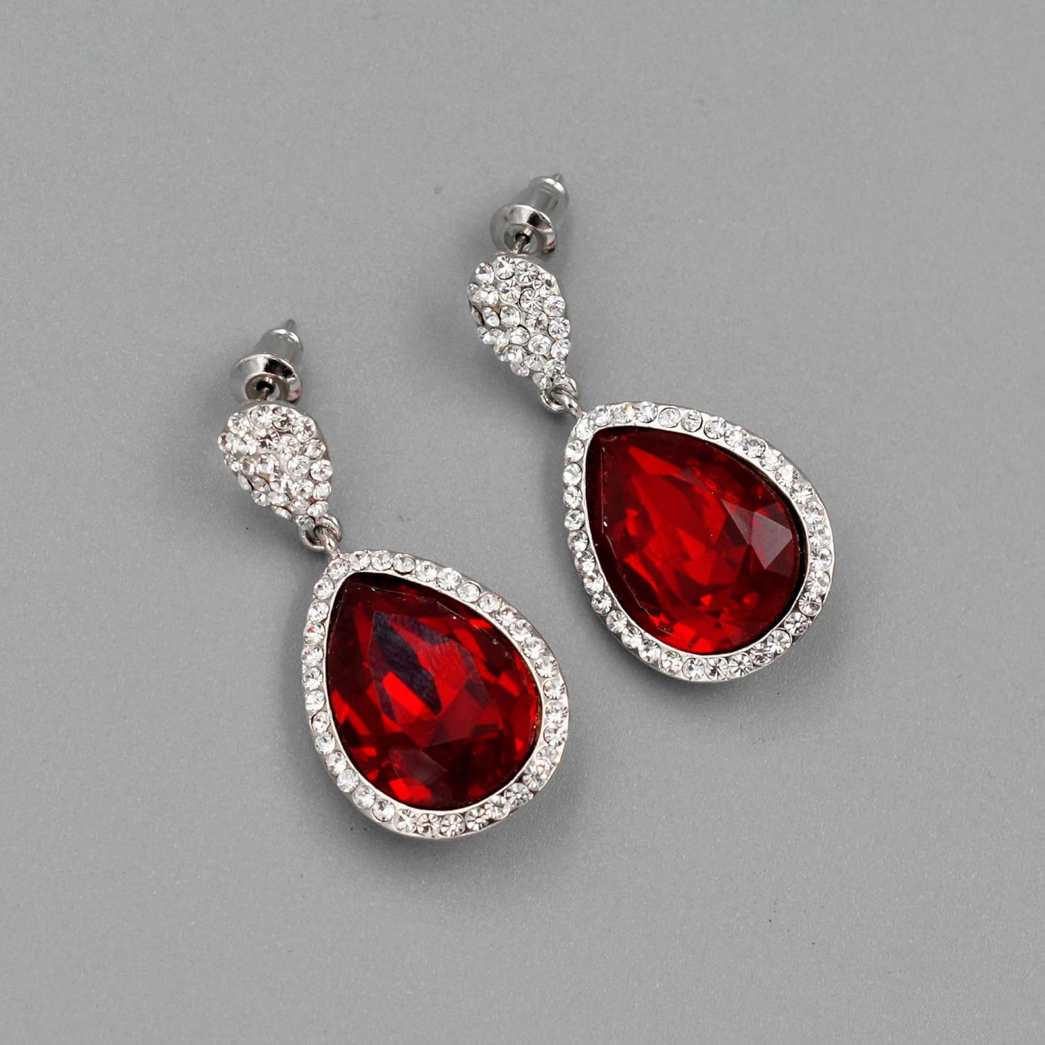 Womens Red Crystal Rhinestone Bridal Teardrop Earrings Wedding Dangle Earrings Bridesmaids,Silver Tone - Image 4