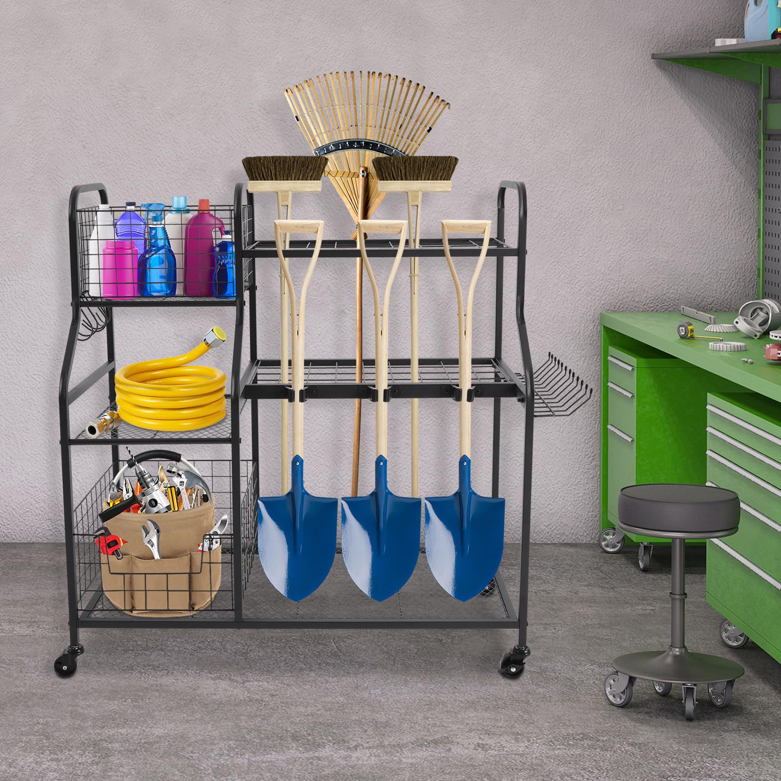 Organizer per attrezzi da giardino con 3 ripiani e ruote, contenitore per attrezzi da giardino con 36 scomparti, 12 ganci, carriola per garage, capannoni, cortili e garage cantina