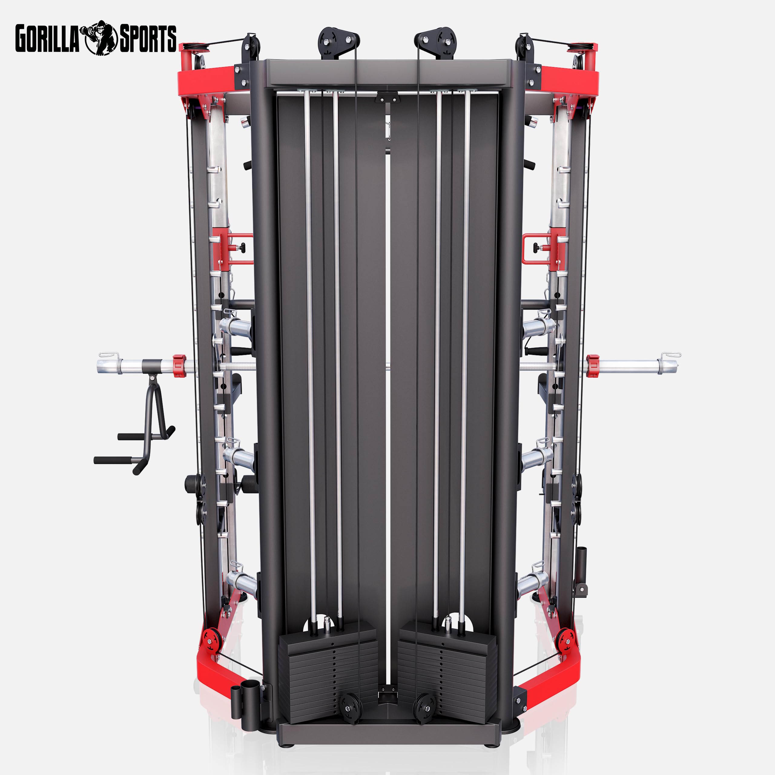 Gorilla Sports® Smith Machine - Barre de Traction à Câble Réglable en Hauteur, Leg Curler, Barre d'Haltères Guidée, Convient aux Plaques 50/51mm - Station Musculation Multifonction, Machine Sport