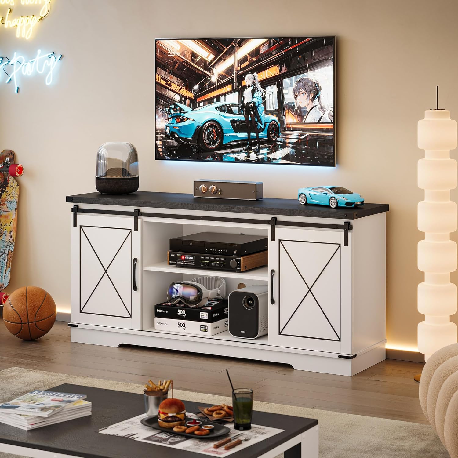 Garvee Gaming TV Stand for Up to 65 Inch TV, Entertainment Center with Adjustable Shelves & Cable Management, Sturdy Media Console for PS5/Xbox, Gaming Room Furniture in White & Black