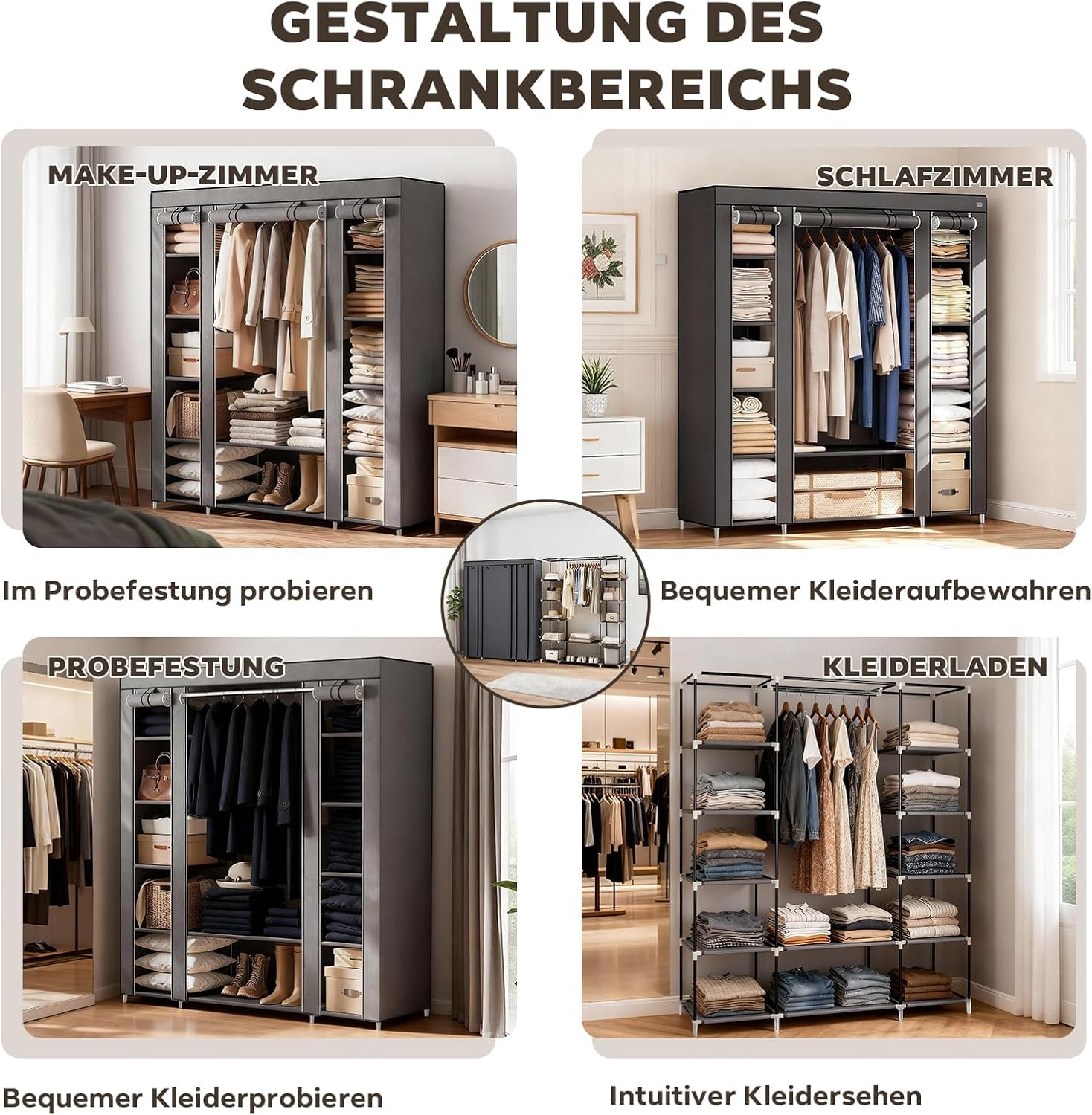Kleiderschrank aus Stoff, 45x150x175cm, Metallrahmen mit Vlies-Staubschutz, Kleiderstange, graue, Schlafzimmer Aufbewahrungssystem