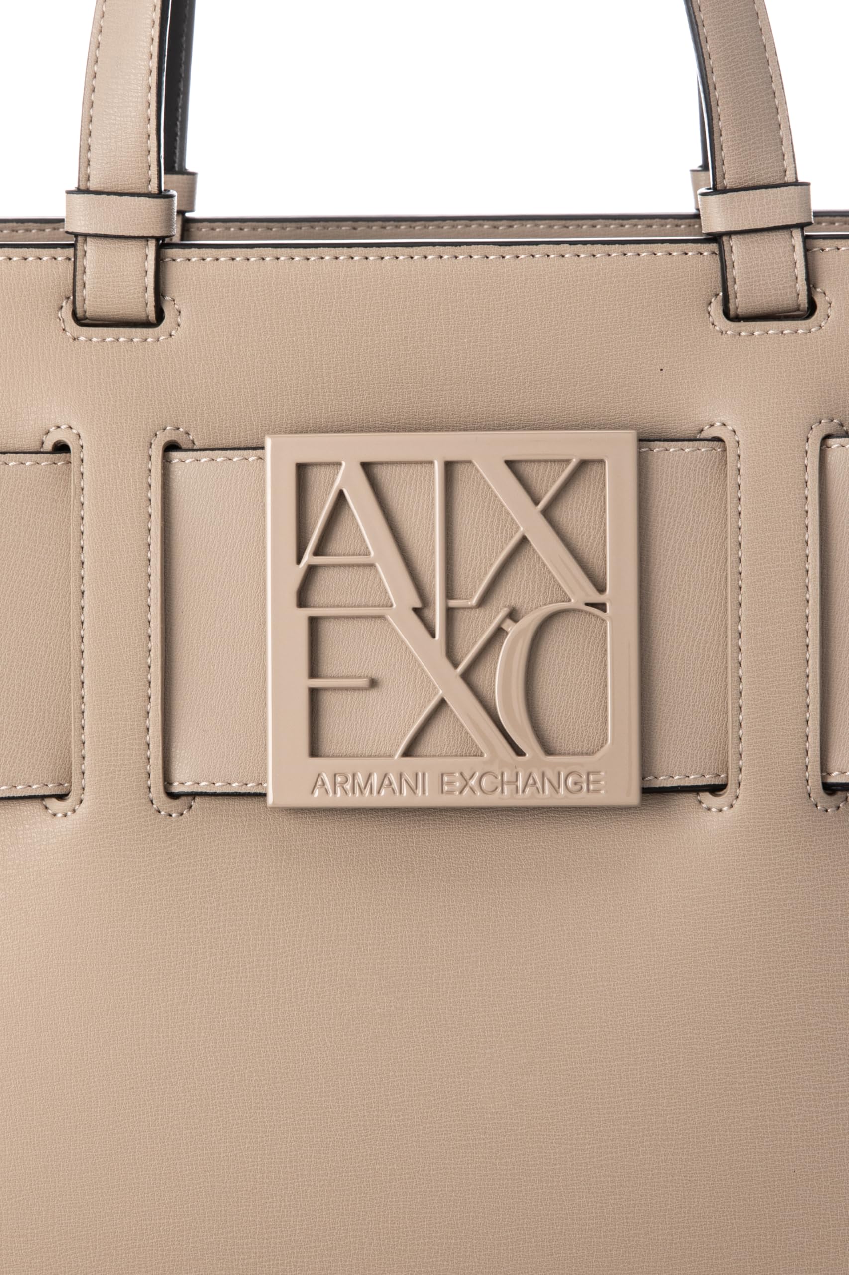 Armani Exchange Susy, Monogram Classic, Metal Logo, Shoulder Strap, Shopping Bag Donna, Sabbia
