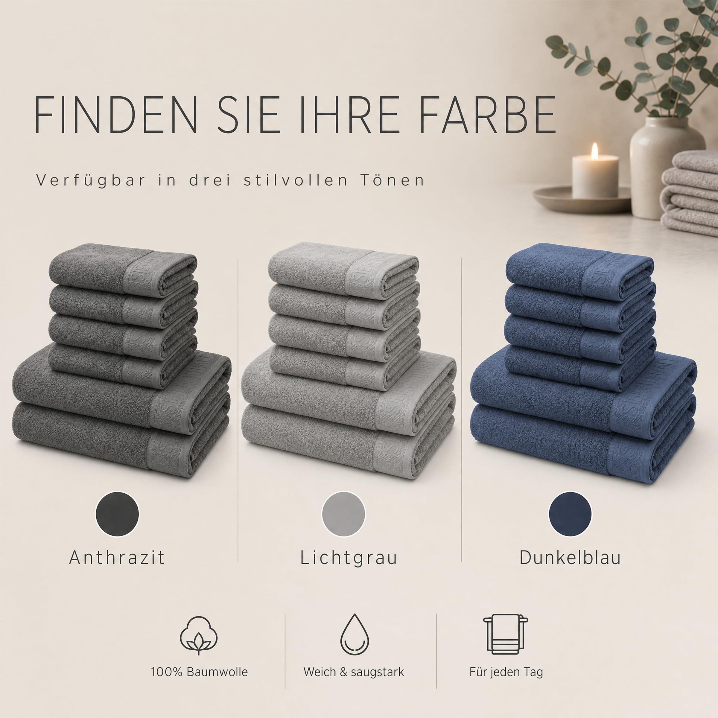 Handtuch Set 6-teilig aus 100% Baumwolle – 2 Badetücher 70x140 cm & 4 Handtücher 50x100 cm für Bad & Gäste-WC, Weich, Saugstark, Schnelltrocknend - Hellgrau