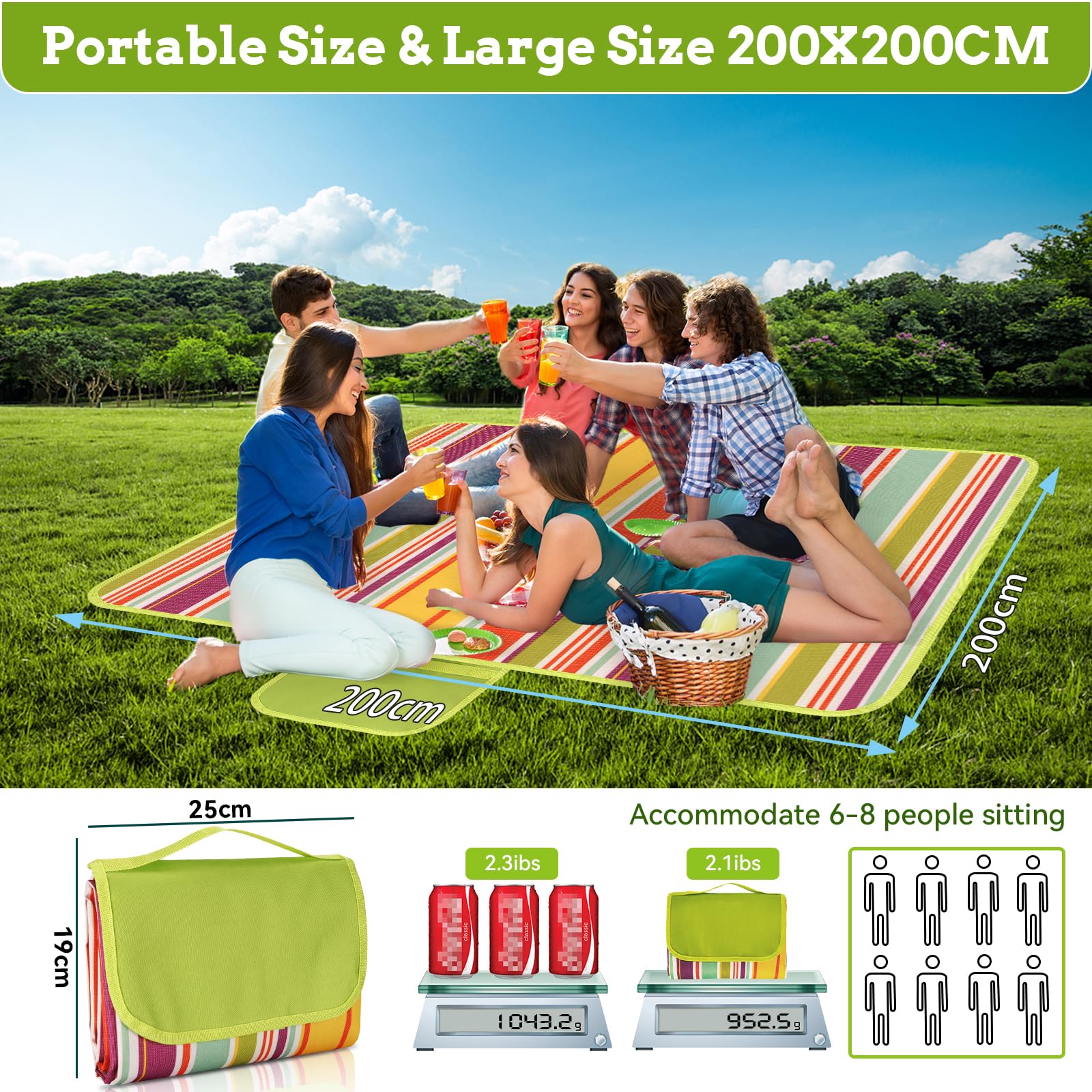 Ninonly Telo Picnic Impermeabile 200x200 Coperta Picnic Impermeabile con Manico Portatile Telo da Picnic in Tessuto Oxford per Spiaggia, Parco, Escursionismo, Campeggio Arancione