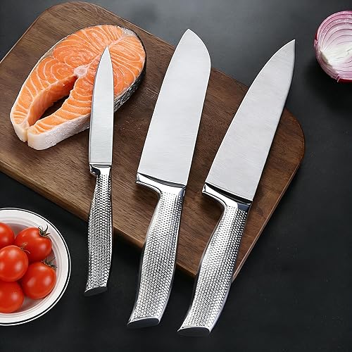 Miniatura 5 de Juego de cuchillos de chef profesional de 3 piezas, 8 pulgadas, Santoku de 7 pulgadas, cuchillos utilitarios de 5 pulgadas, acero inoxidable