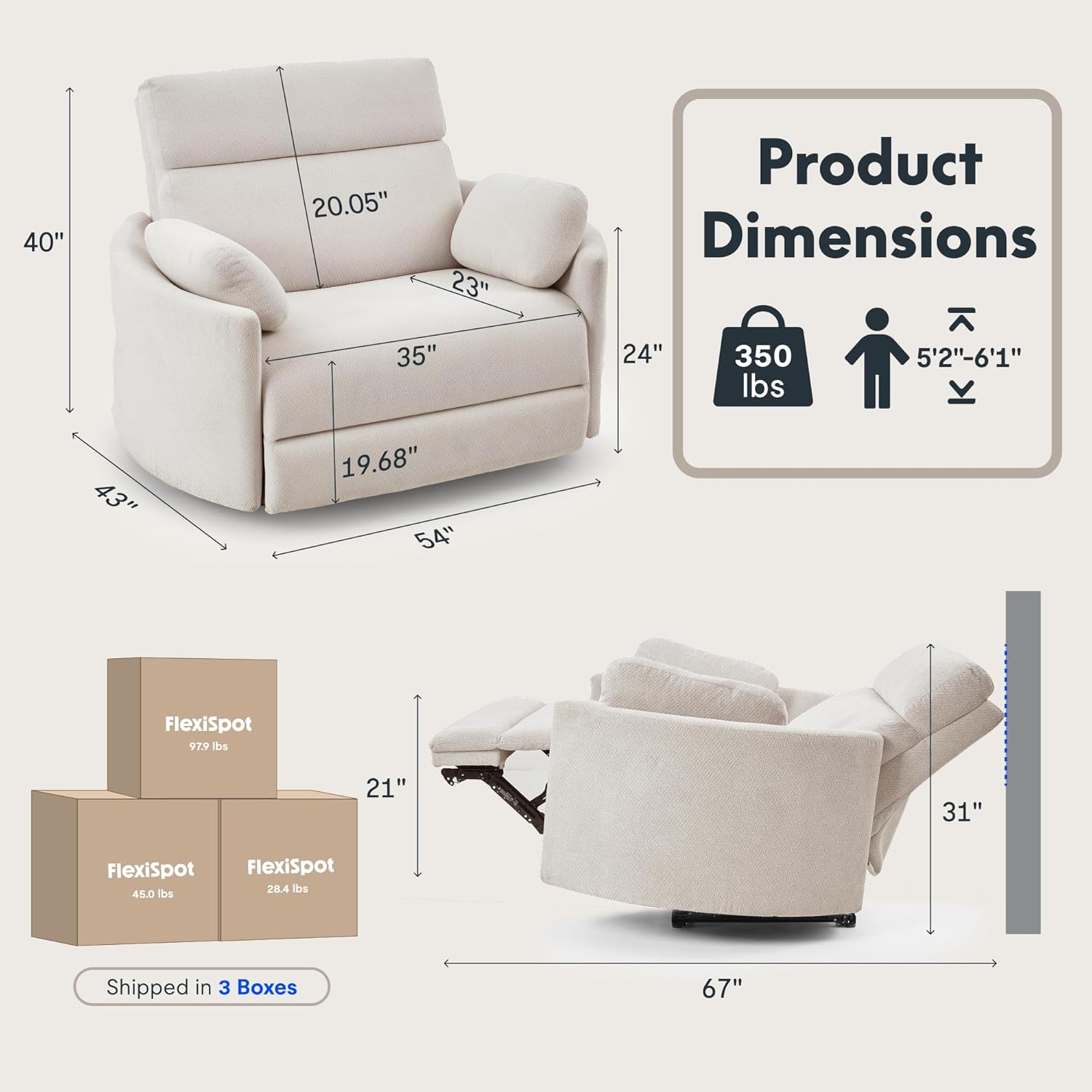FLEXISPOT Mochi Pro 54" Zero Wall Power Recliner for Big and Tall, Oversized Electric Recliner Chair with Anti-Pinch Design, USB & Type-C Ports, Wide Sofa for Living Room Bedroom, Chenille Beige