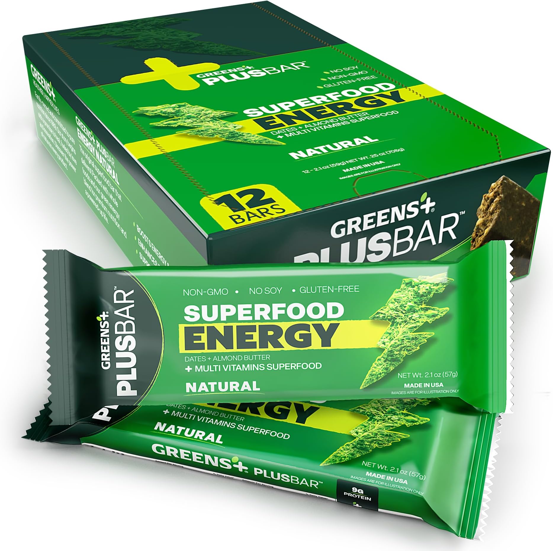 Greens+ Plusbar Energy, Natural, Gluten-Free Snack with Super Greens, Superfoods & Almond Butter, Vegan, Dairy-Free, Non-GMO, 10g Protein Meal Replacement, 12 Pack