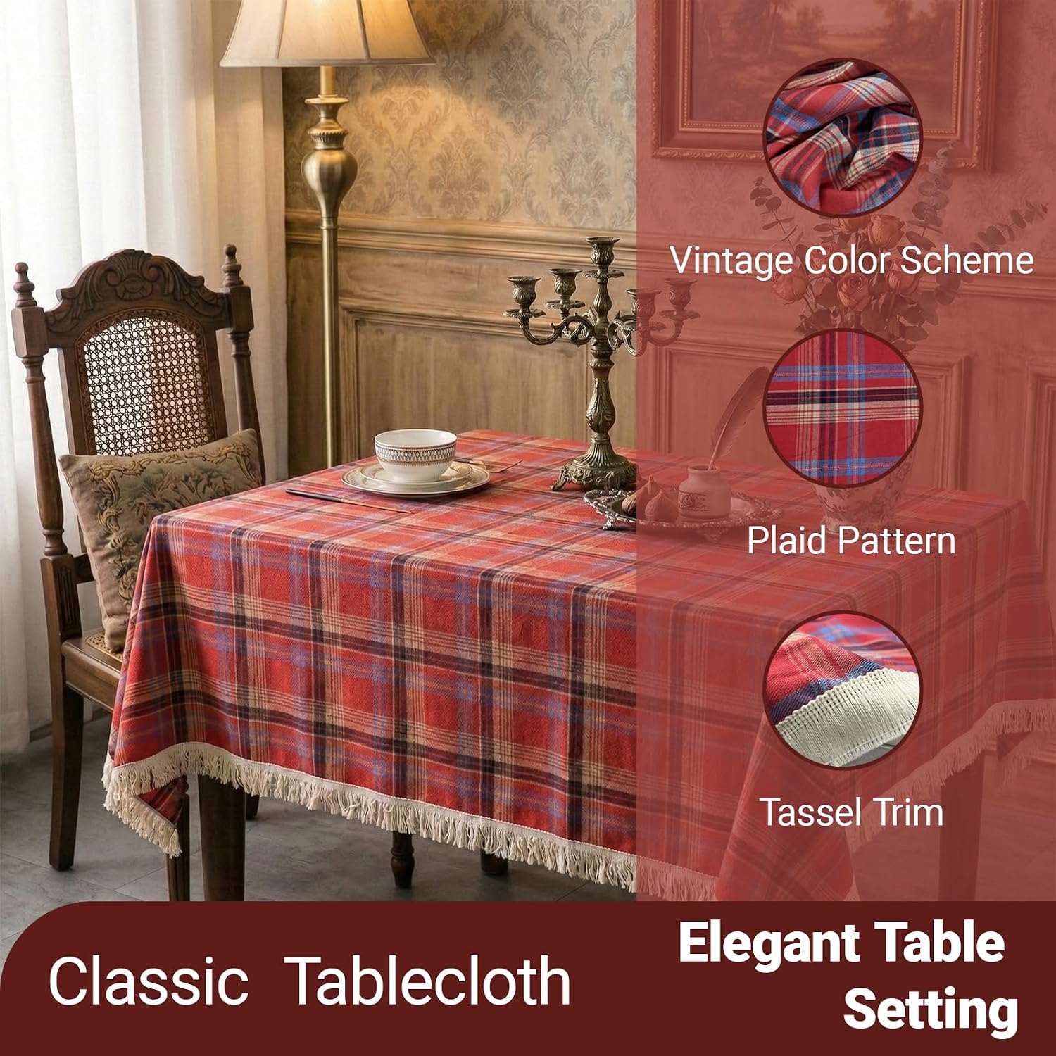 Q&J FABRIC CO. Plaid Tassel 55x55 Inch Square Tablecloth Poly Cotton Red Boho Gingham Table Cloths Washable Tartan Table Cover Wrinkle Free for Dining Room Kitchen Party Picnic Decor