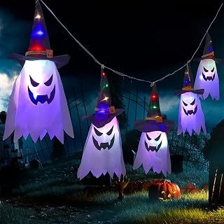 Halloween Decorations Outdoor, Halloween Flying Ghost Hats Hanging Witch Hat for Tree Decor with Lights 5 Pack Lighted Glowing Ghost Decor Indoor Outdoor Ornaments for Yard Garden