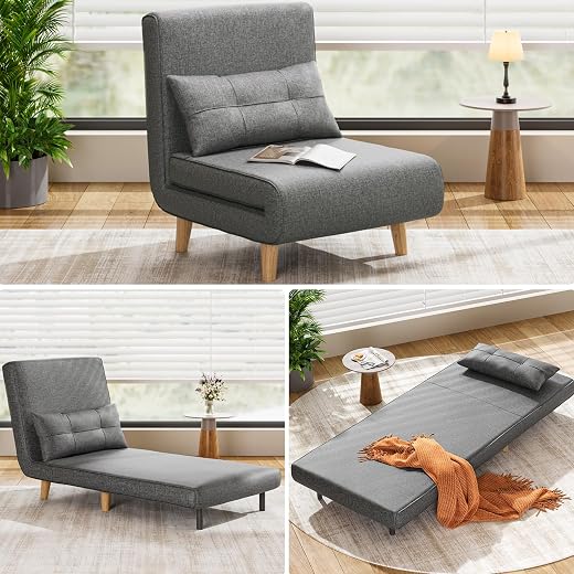 Aiho Sofa Chair, Convertible Sofa Bed Chair Bed, Futon Chair Sleeper Sofa Chair with Soft Pillow, Modern Linen Fabric Soli...