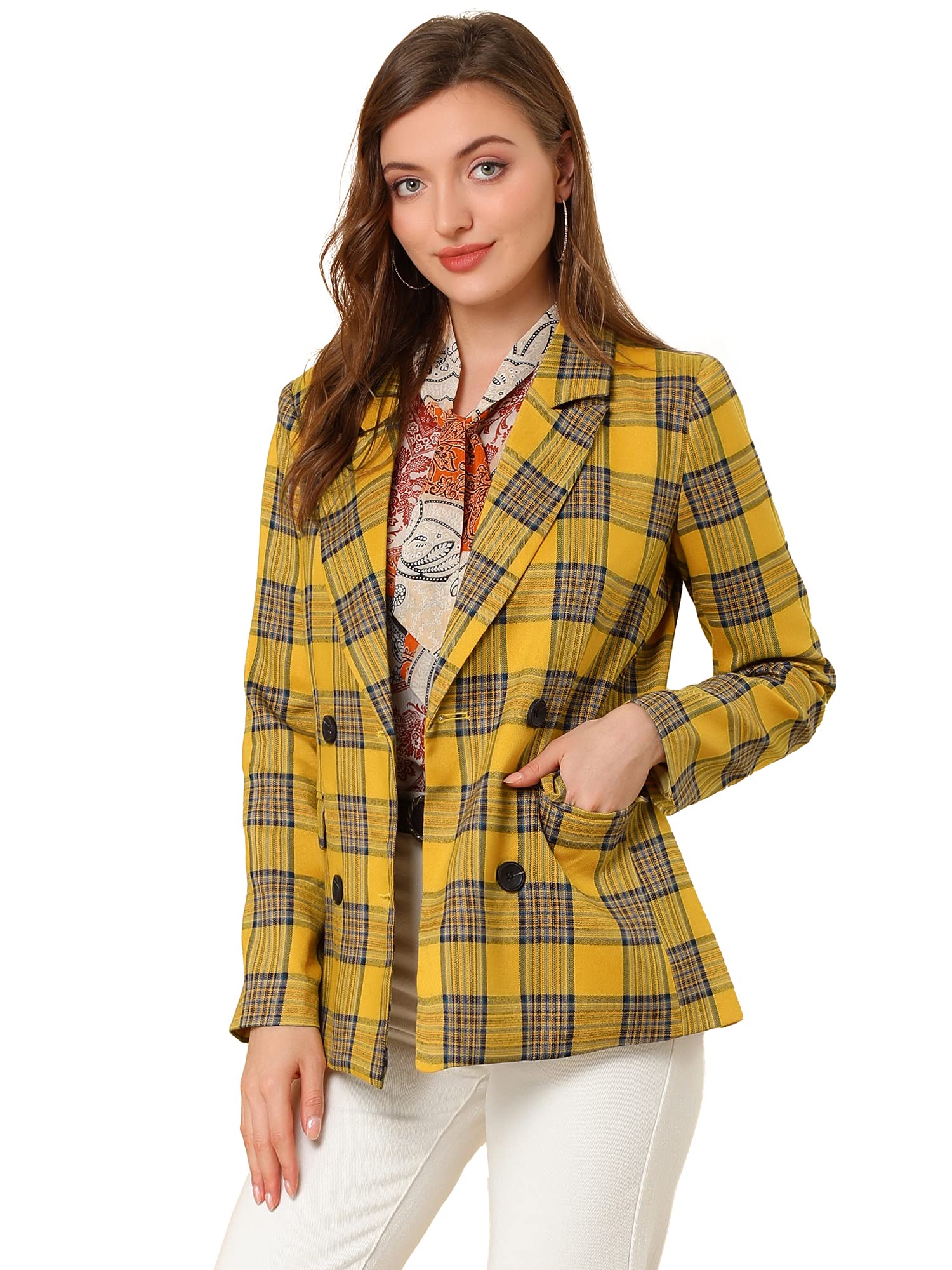 Allegra K Women's Notched Lapel Double Breasted Work Formal Blazer Jacket, Yellow, M