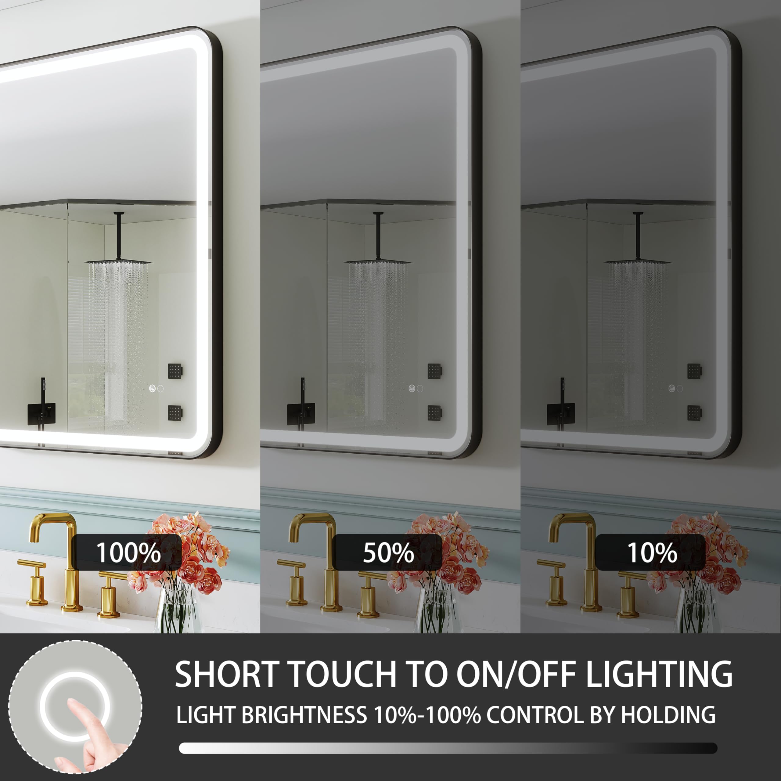 WELLFOR 28'' x 36'' Wall-Mounted Framed LED Bathroom Mirror, Bathroom Vanity Mirror with Dimmable, Metal Rounded Corner Rectangle Mirror W/Lights, Vertical/Horizontal Installation, Matte Black