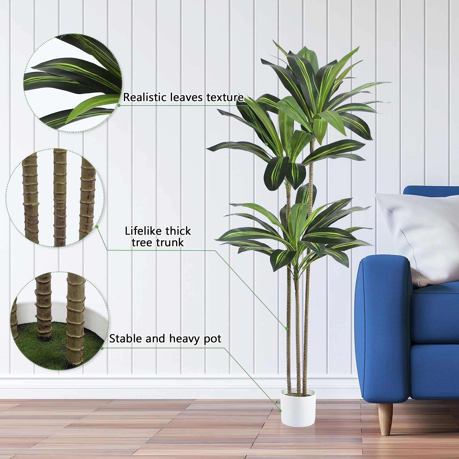 Kunstpflanze Drachenbaum 160cm – Künstlicher Baum mit weißen Topf | Realistischer Deko für Wohnzimmer Büro, pflegeleichte Palme künstlich wie echt, dekorative Zimmerpflanze für Innenräume