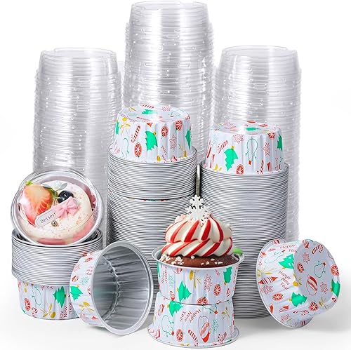 Miniatura 1 de 200 moldes de papel de aluminio de Navidad con tapas, tazas de hornear desechables de 4 onzas para hornear, postre, queso, crema Brulee, moldes para