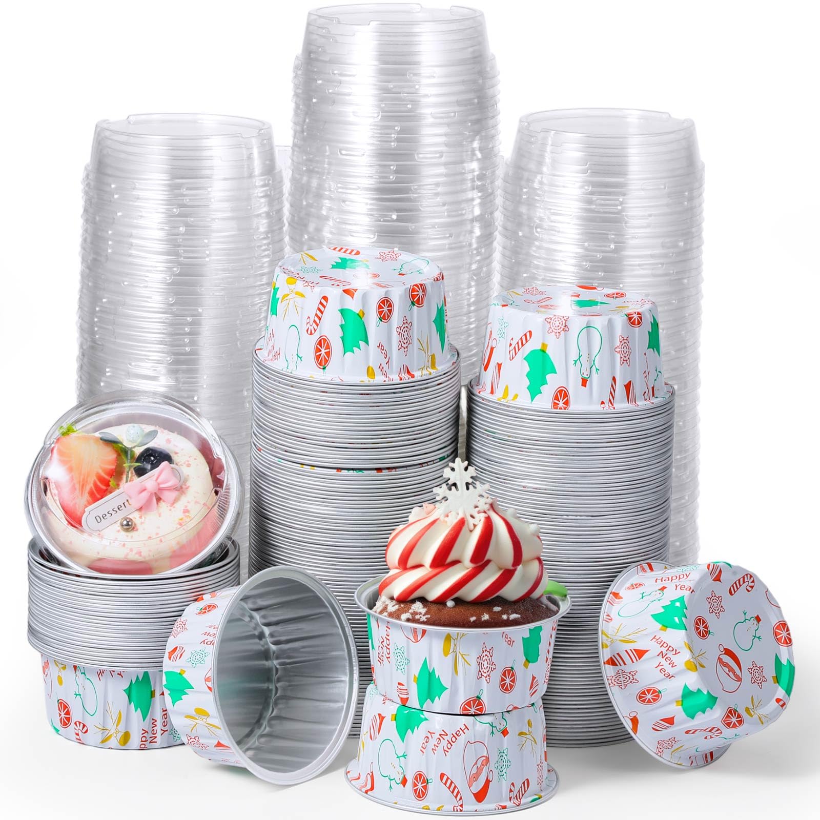 Ziliny 200 Pcs Christmas Foil Ramekins with Lids, 4oz Baking Cups Disposable Baking Cups Holders