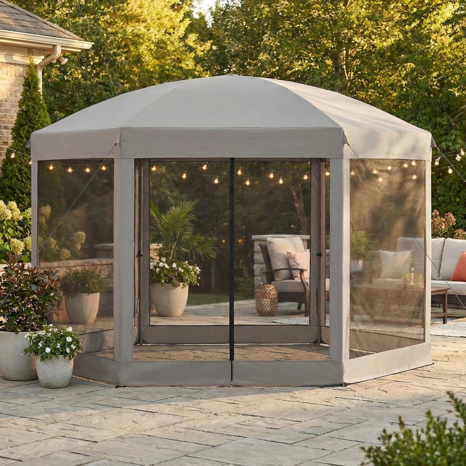 Garden Winds Reinforced RipLock 350 Replacement Canopy Top and Netting Set Compatible with Coleman Hex 10' x 12' Gazebo Model 2000013063 – Slate Gray