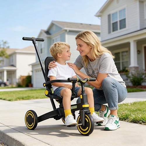 Vista 9 de WinHope Triciclo de empuje 9 en 1 para niños pequeños de 1 a 3 años, triciclo convertible para niños con asa de empuje y cinturón de seguridad, Negro