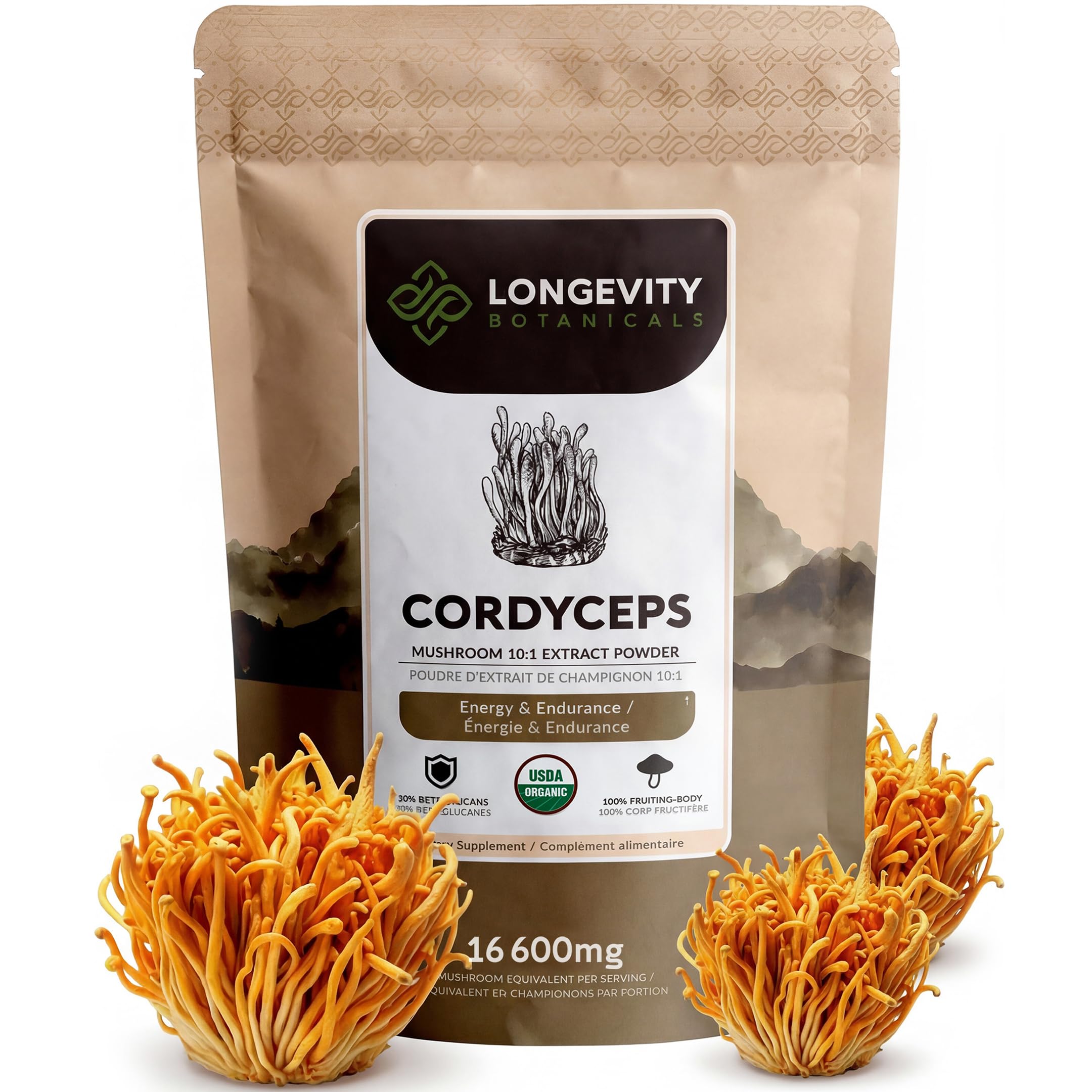 Longevity Botanicals CORDYCEPS Ultra - Cordyceps Mushroom Supplement Extract - Immune Support, Energy, Stamina and Athletic Performance Mushrooms Supplements (100 gr Powder)