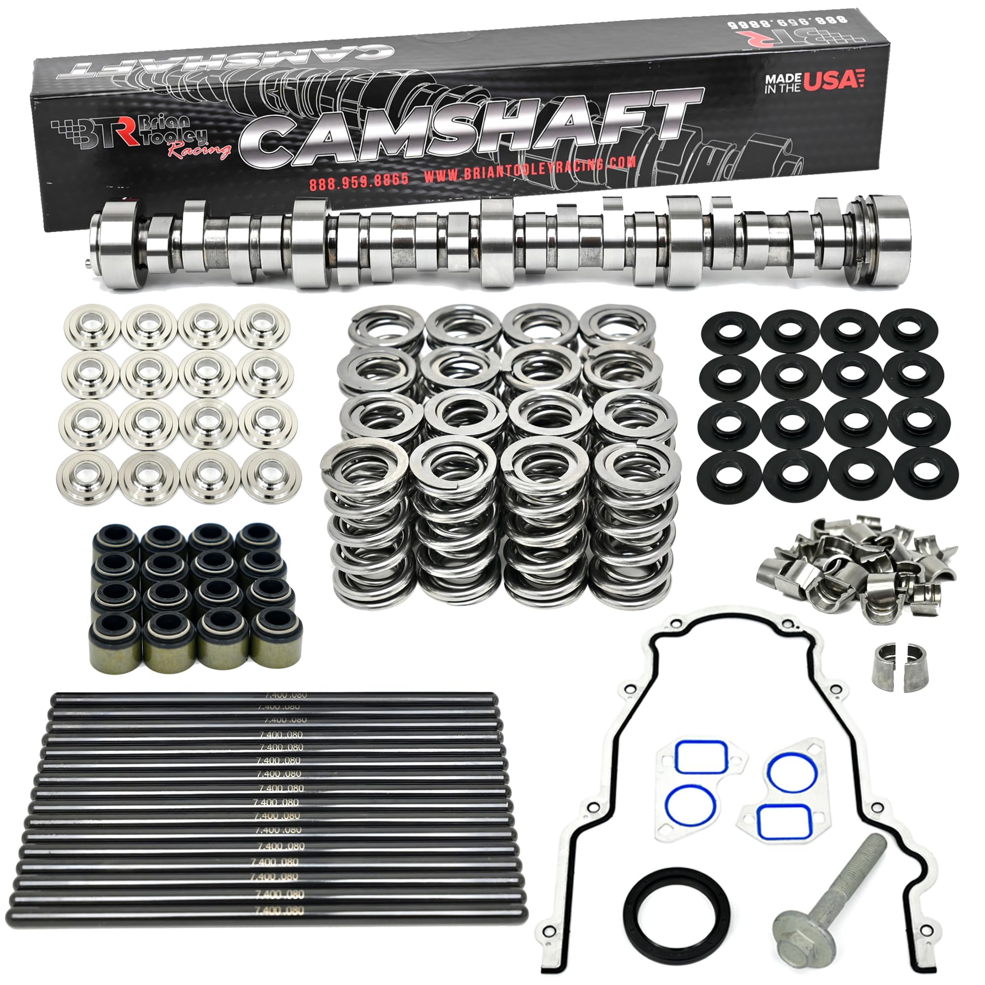 Brian Tooley Racing BTR LS Stage 2 Twin Turbo Camshaft, LS Dual Valve Spring Kit (.660" Lift) with Titanium Retainers, 7.400" LS Chromoly Pushrods & LS Gasket Kit -Fits 4.8 5.3 5.7 6.0 6.2 LS1 LS3