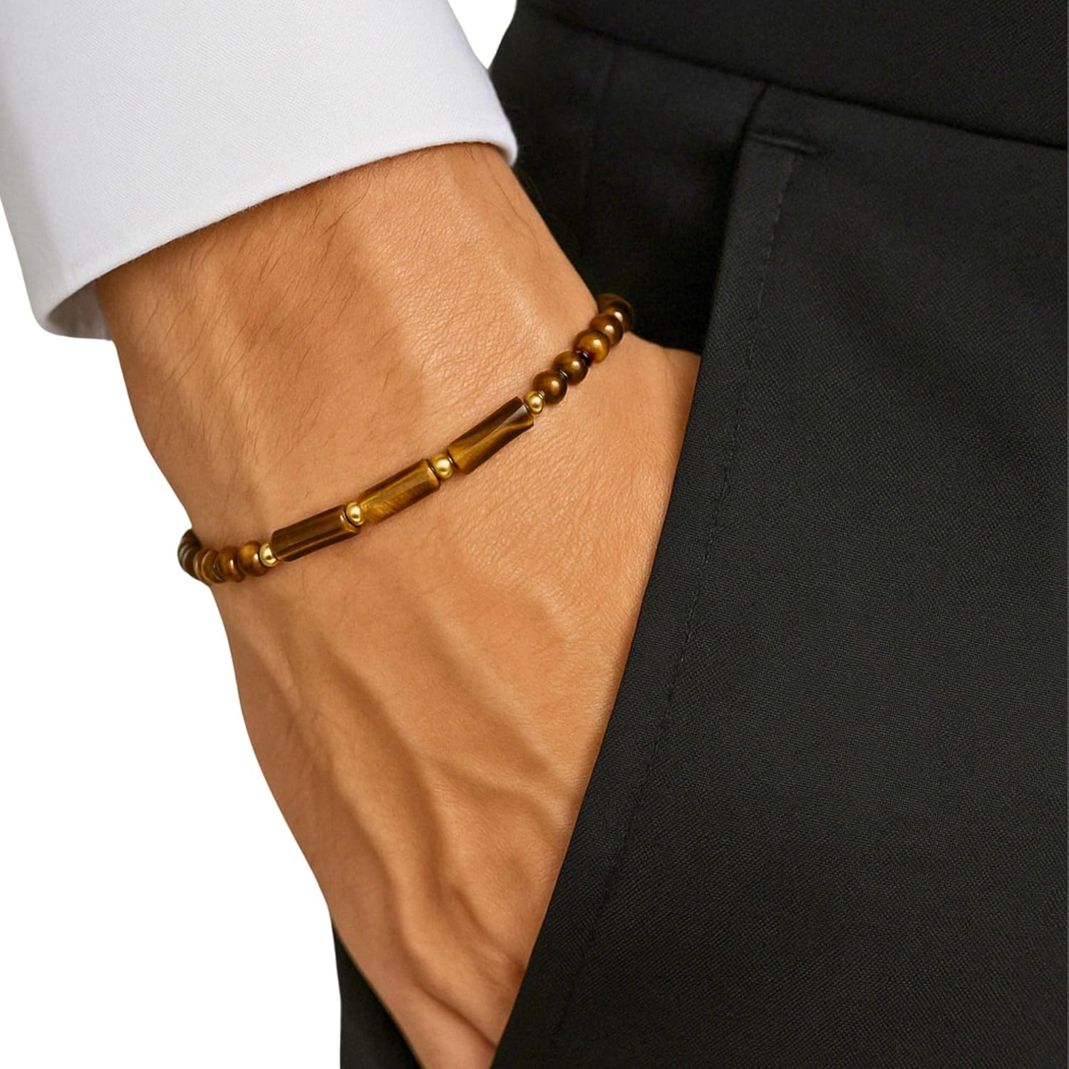 Luck Strings Tigers Eye and 14K Gold Beaded Bracelet - Unisex Stretch Bracelets for Men Women Unisex