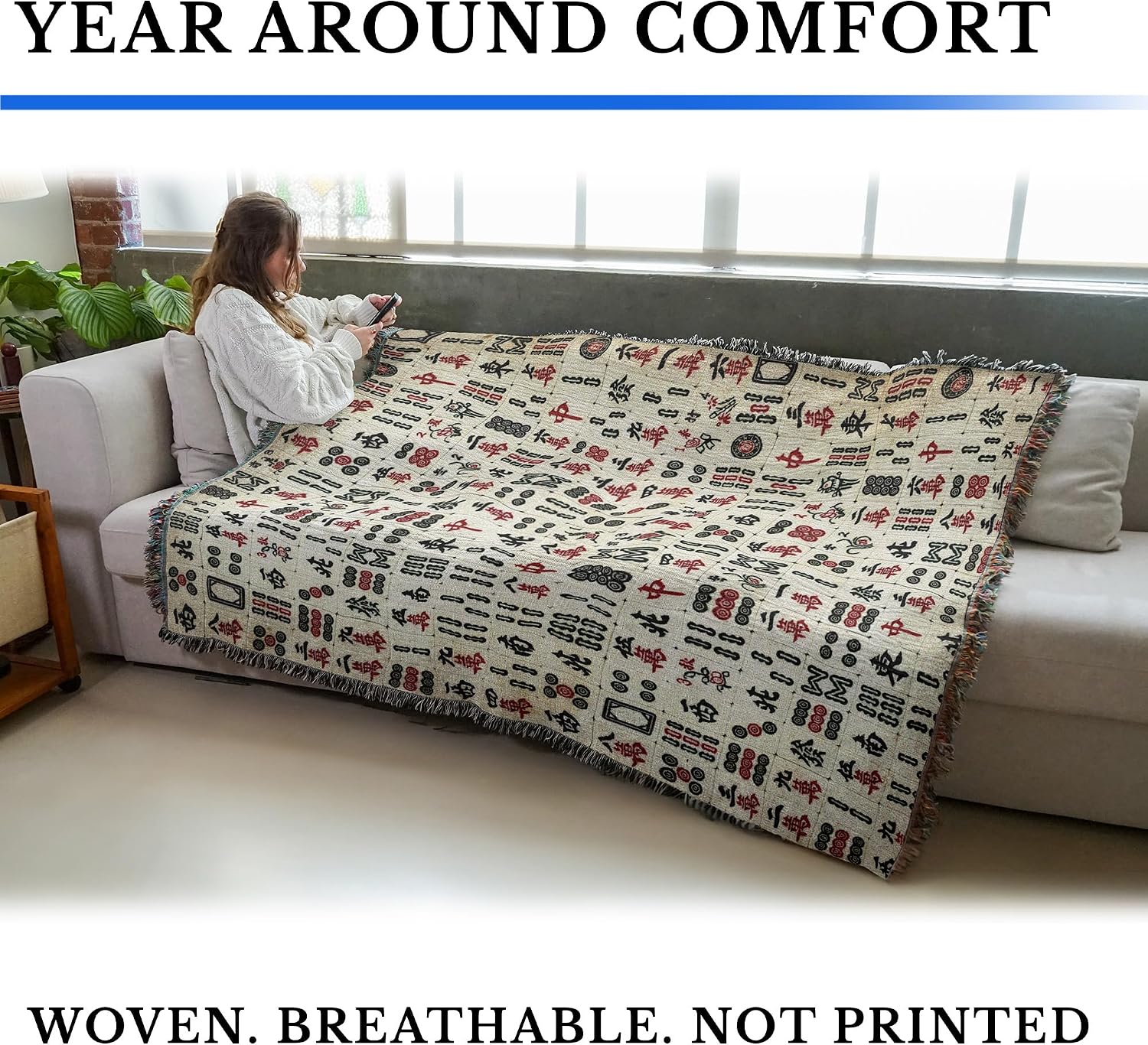 Pure Country Weavers Vintage Mahjong Tiles - Gift Tapestry Throw Blanket Woven from Cotton - Made in The USA (72x54)