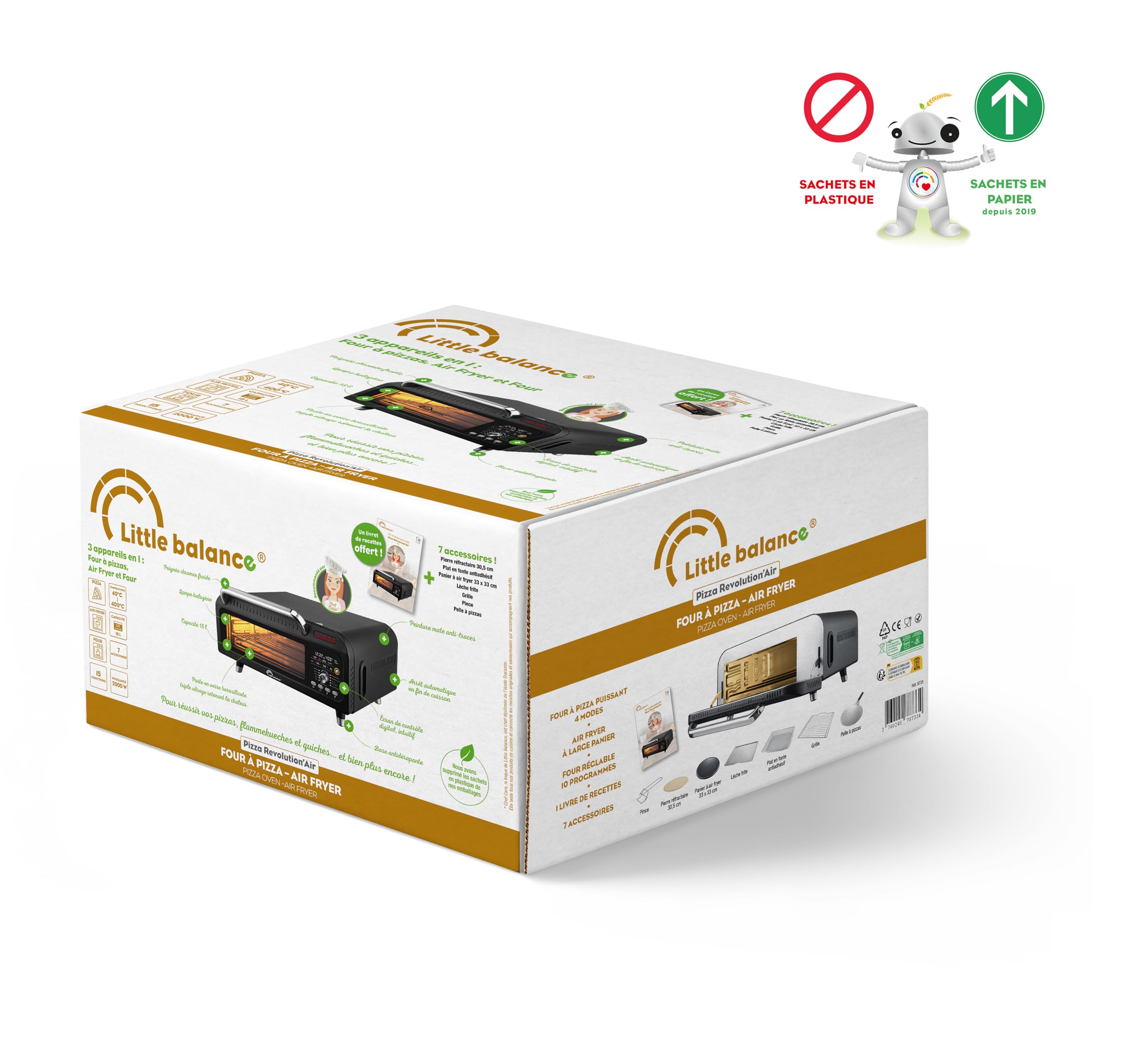 LITTLE BALANCE 8859 My Easy Pizza, pizzaoven, pizzasteen 30 cm, afneembaar, verstelbaar tot 400 °C in 4 minuten, timer 60 minuten, dubbele weerstand boven en onder, 2 houten spatels, 1800 W, zwart