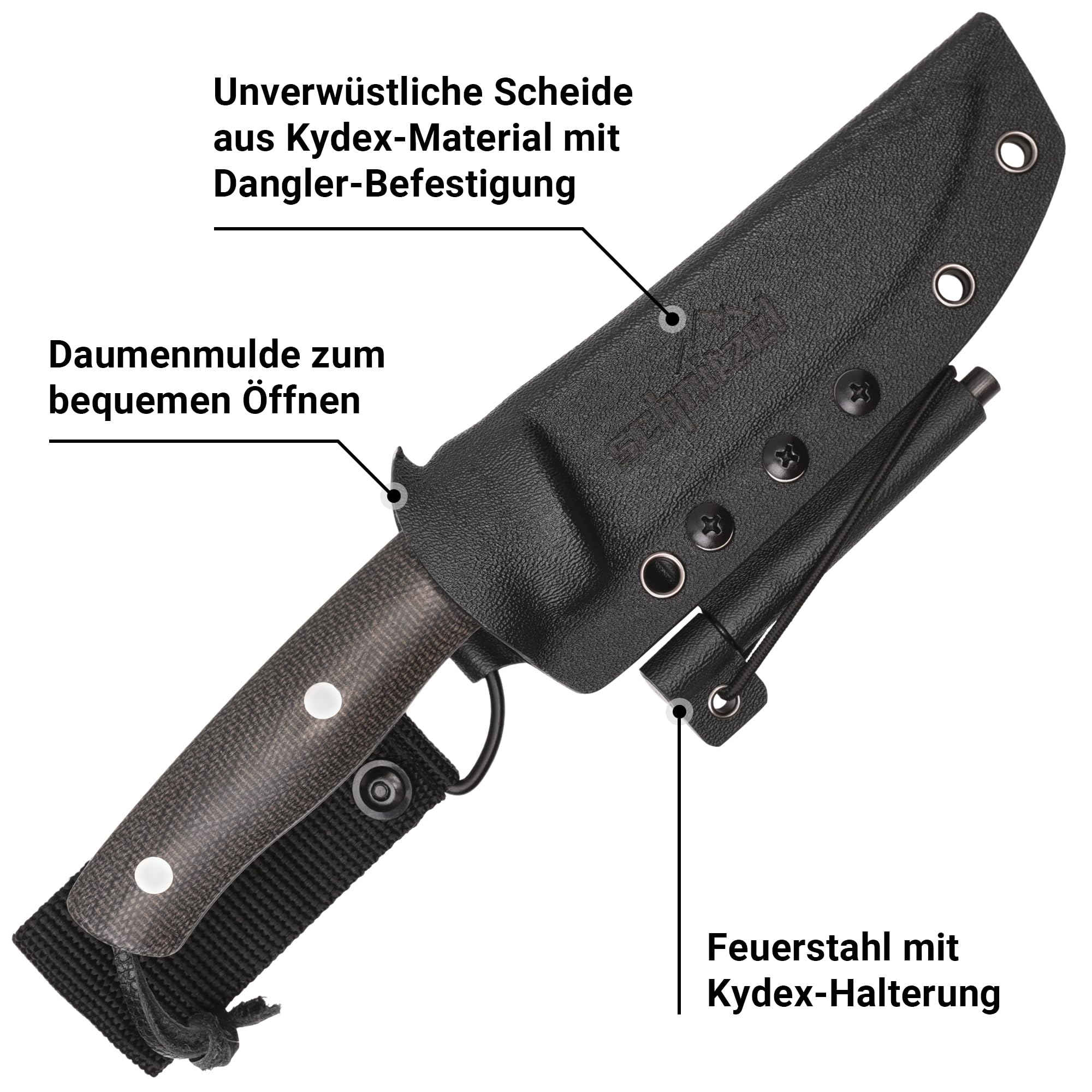SCHNITZEL KVIN - Outdoormesser mit Kydex - Scheide, Braun/Orange | Dangler - Tragesystem - §42A konform - Bushcraft-, Outdoor-, Freizeit-Messer für Erwachsene, Wandern, Schnitzen