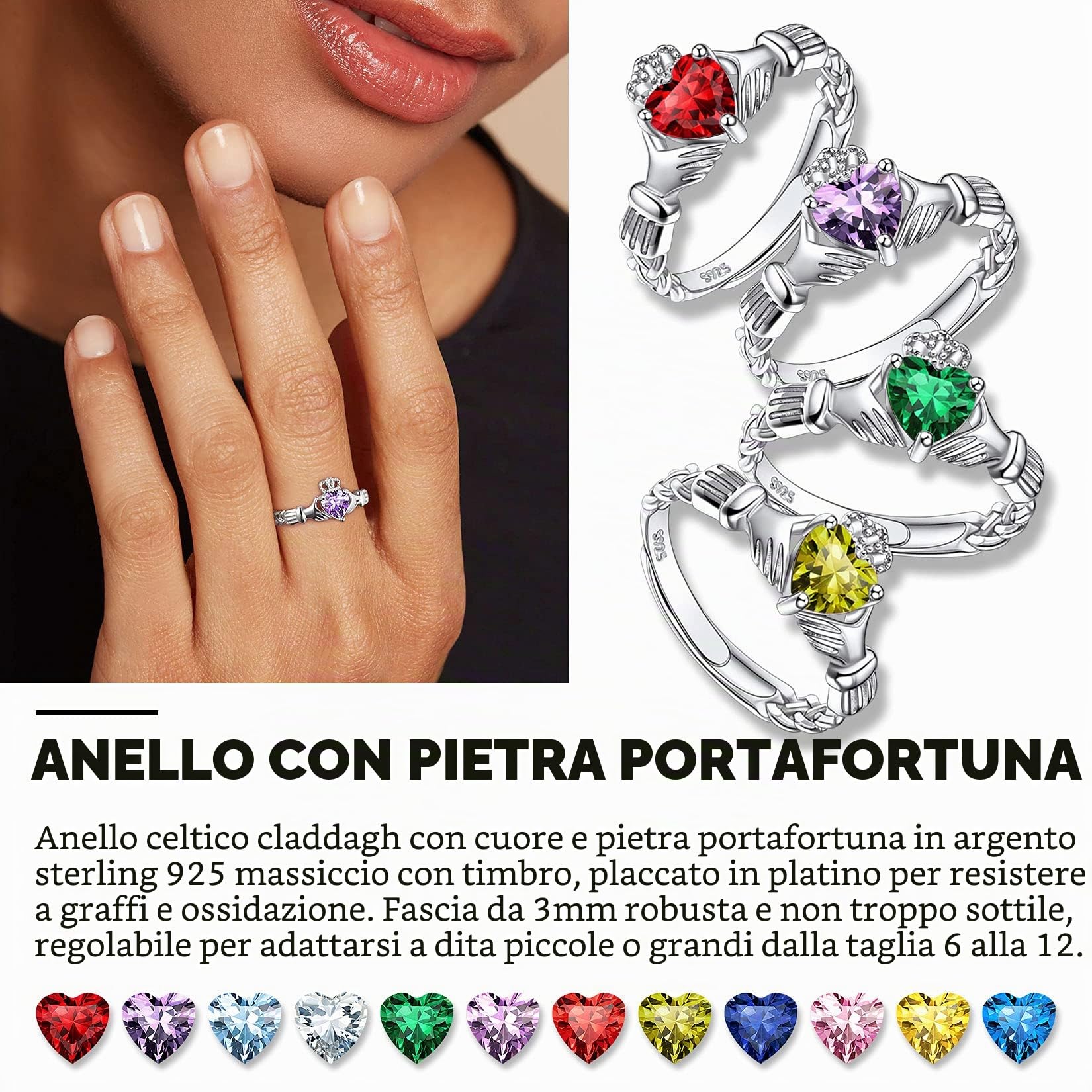 Suplight Anello Donna in Argento Sterling 925 Anello Claddagh Regolabile Anello Argento 925 Donna Anello Solitario con Pietre di Nascita 12 Mesi con Confezione Regalo