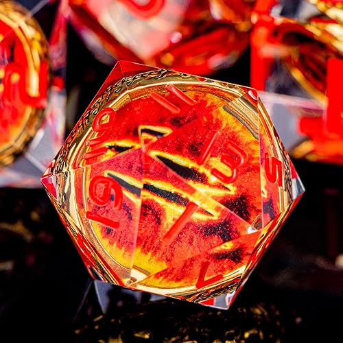 Miniatura 43 de Juego de dados DND de anillo dorado mágico con borde afilado, color rojo con ojo, para uso con juegos de mesa RPG D&D, juego de dados poliédricos