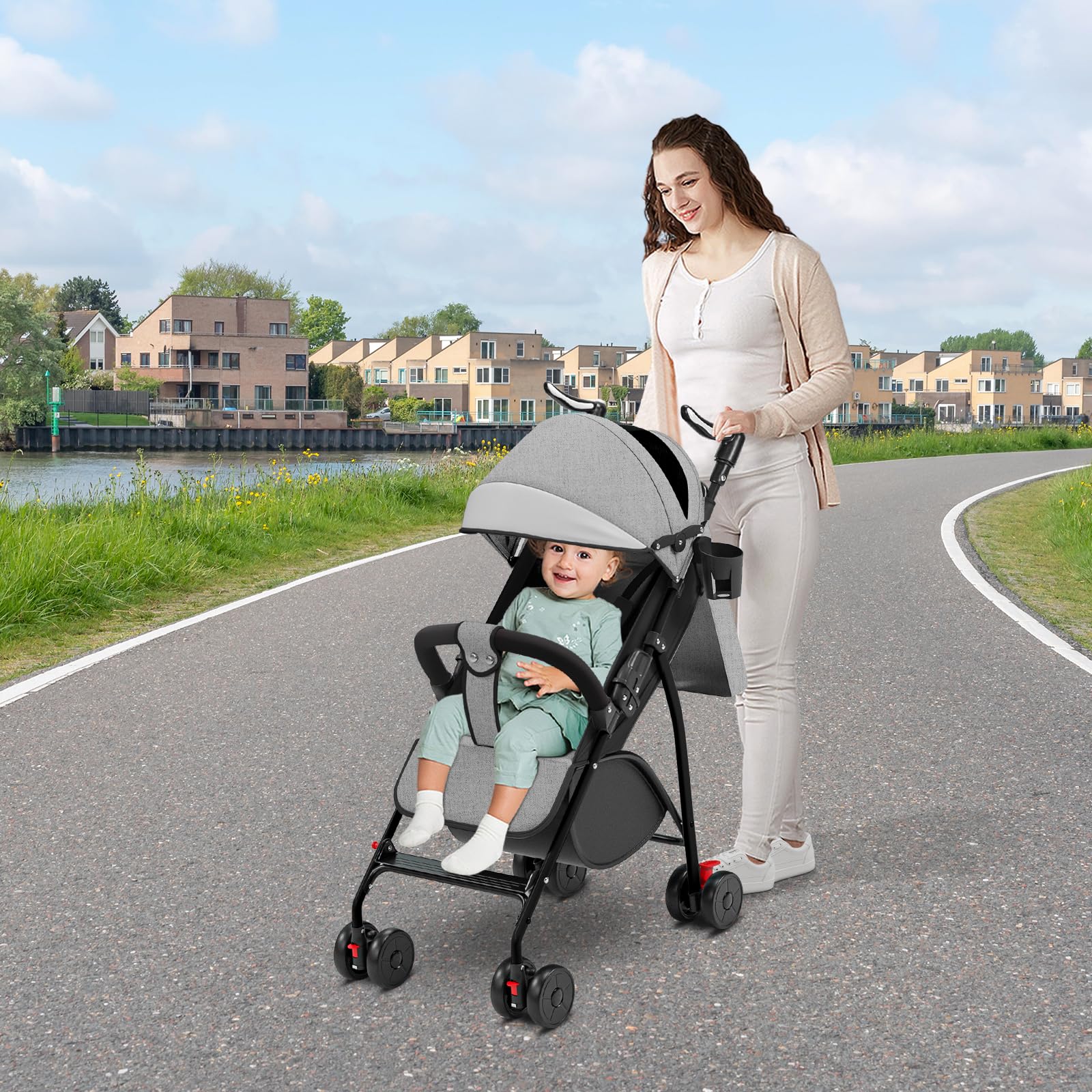 Homewell Federleichter Reisebuggy Faltbar, Kinderwagen, Liegefunktion, flache Liegeposition, kompakter Buggy inkl. Moskitonetze & Matten & Getränkehalter (Grau)