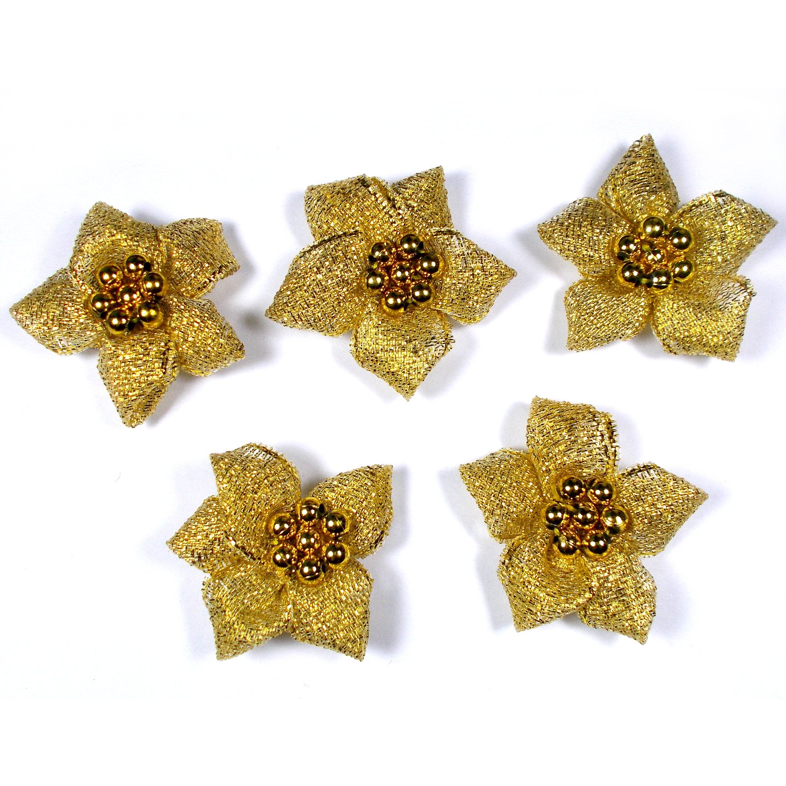 Lurex Ribbon Bows Poinsettia with Beads 3cm Pack of 5 (Gold)