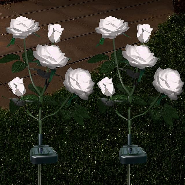 XLUX Outdoor Solar Powered Rose Lights, Decorative Flower lamp, for Garden Yard Patio Pathway Lighting, Rainproof, White 2 Pack