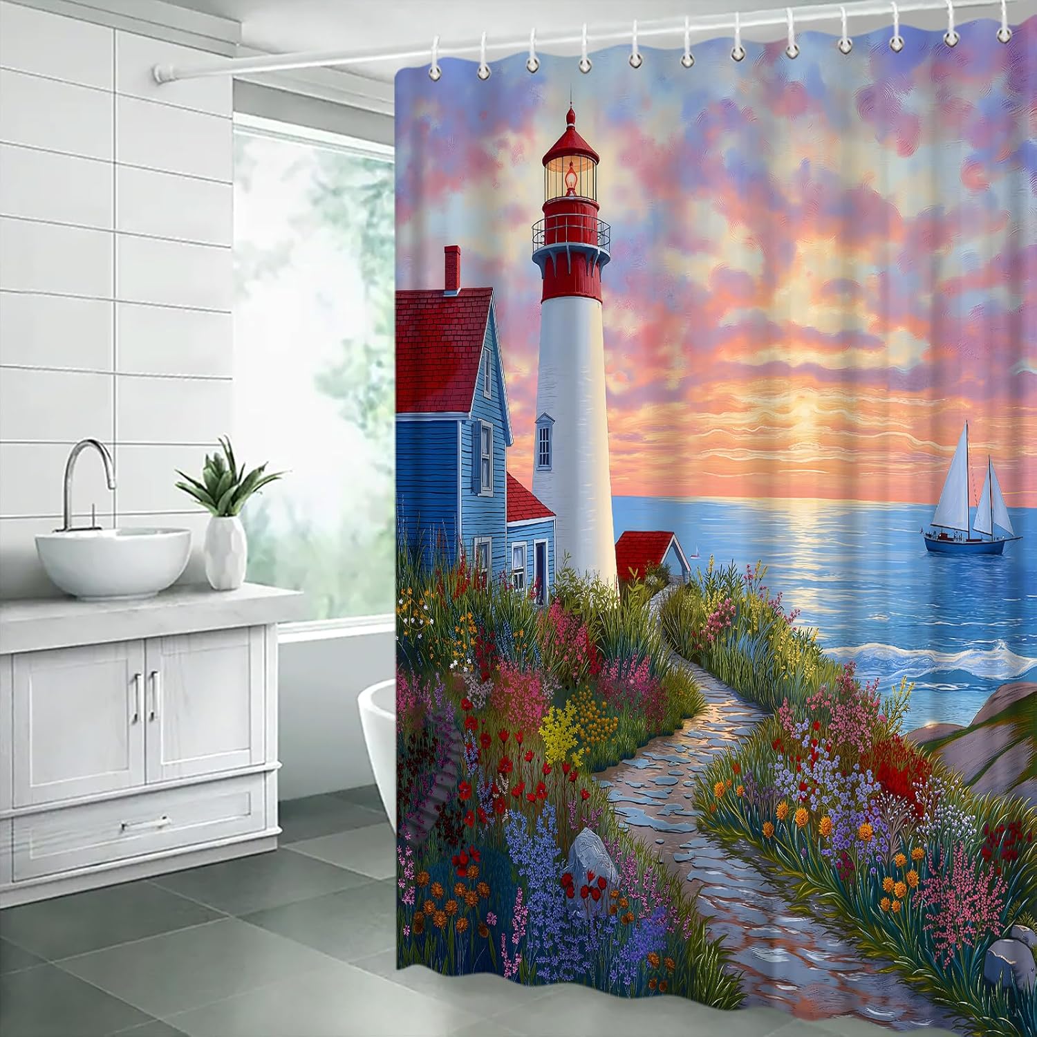 Nautical Lighthouse Shower Curtain Spring Floral Ocean Beach Sunset Sail Boat Retro Scenery Bathroom Decor Curtain with Hooks,Red Green Blue