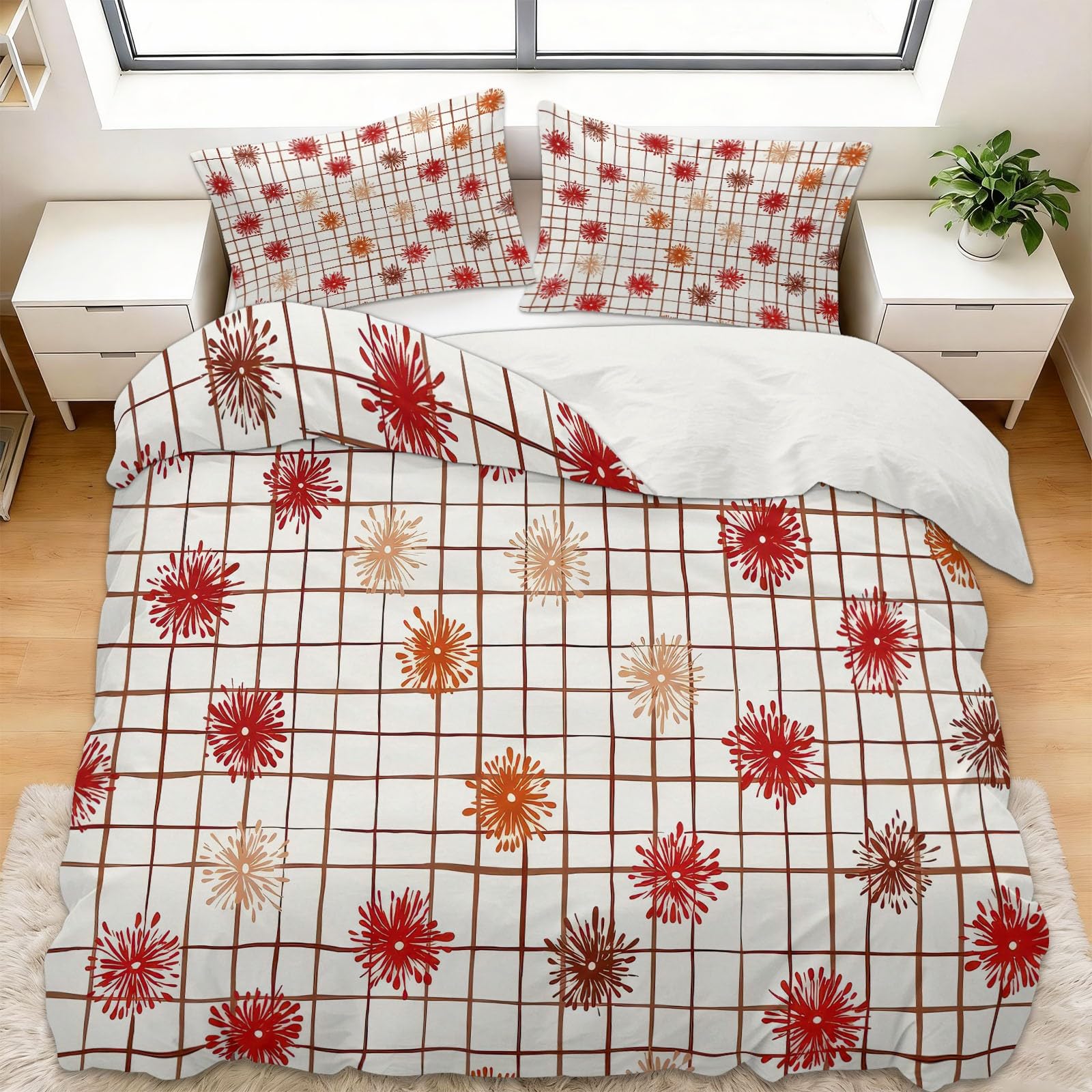 Set copripiumino a griglia in morbida microfibra, motivo floreale, 3 pezzi, per tutte le stagioni, traspirante, bianco, con cerniera, per letto matrimoniale, 200 x 200 cm