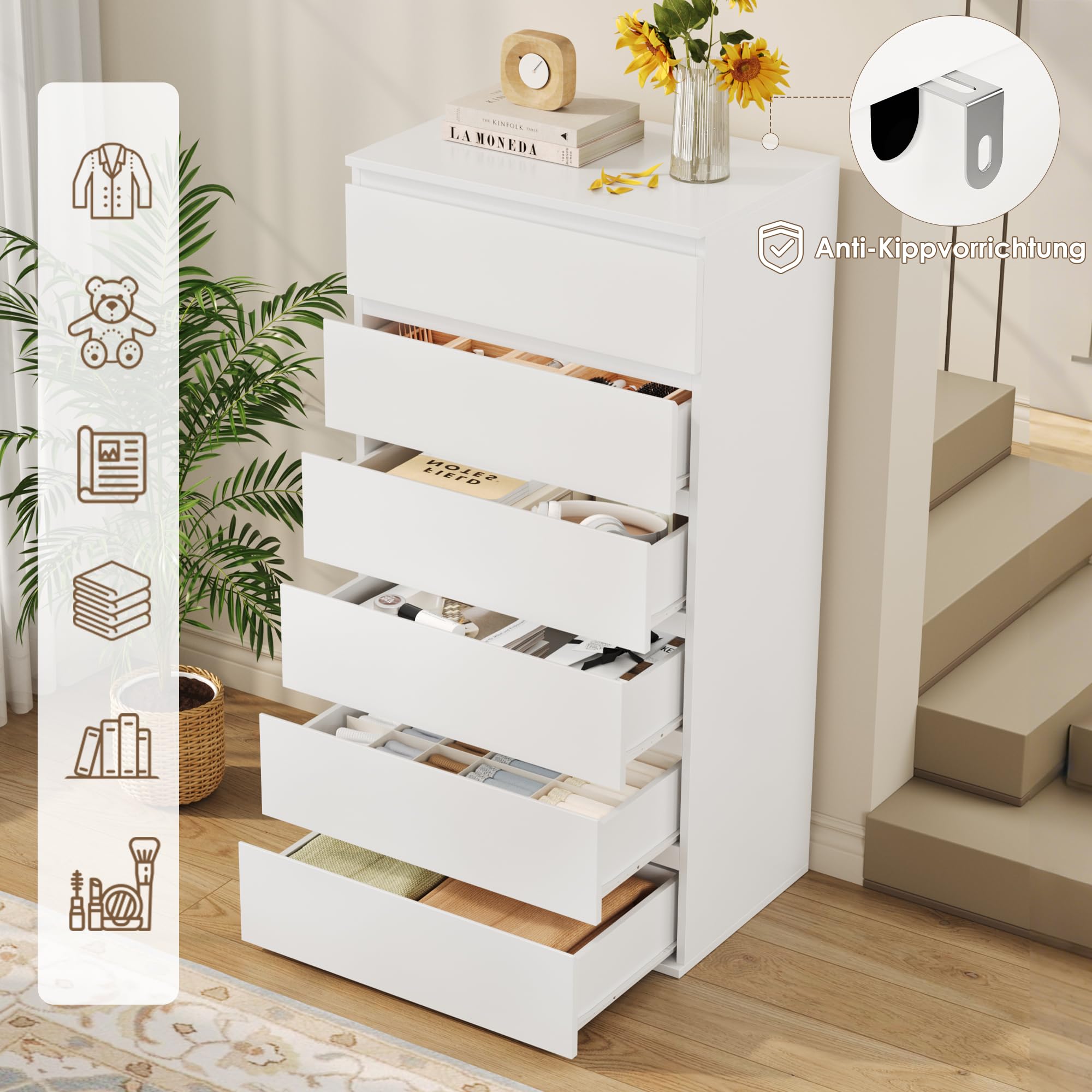 FOREHILL 119cm hoch Kommode weiß mit 6 Schubladen, Sideboard Schubladenschrank für Schlafzimmer Flur Wohnzimmer 60x40x119cm